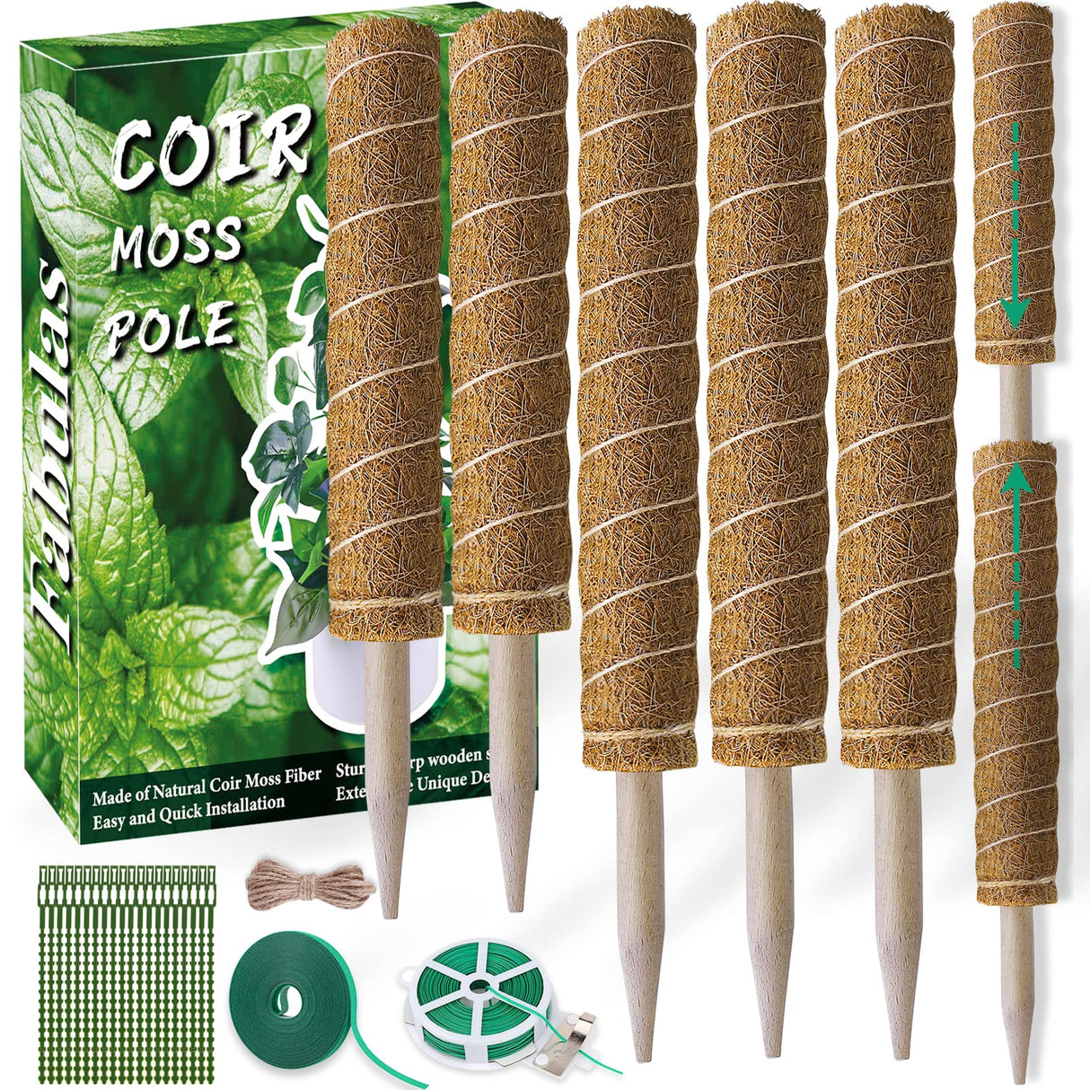 Fabulas Moss Pole 58.7 Inch - Monstera Plant Support 5 Pack, 17.5" and 12" Plant Stakes for Indoor Plants Coco Coir Moss Pole Sticks for Climbing Potted Live Plants, Pothos, Philodendron