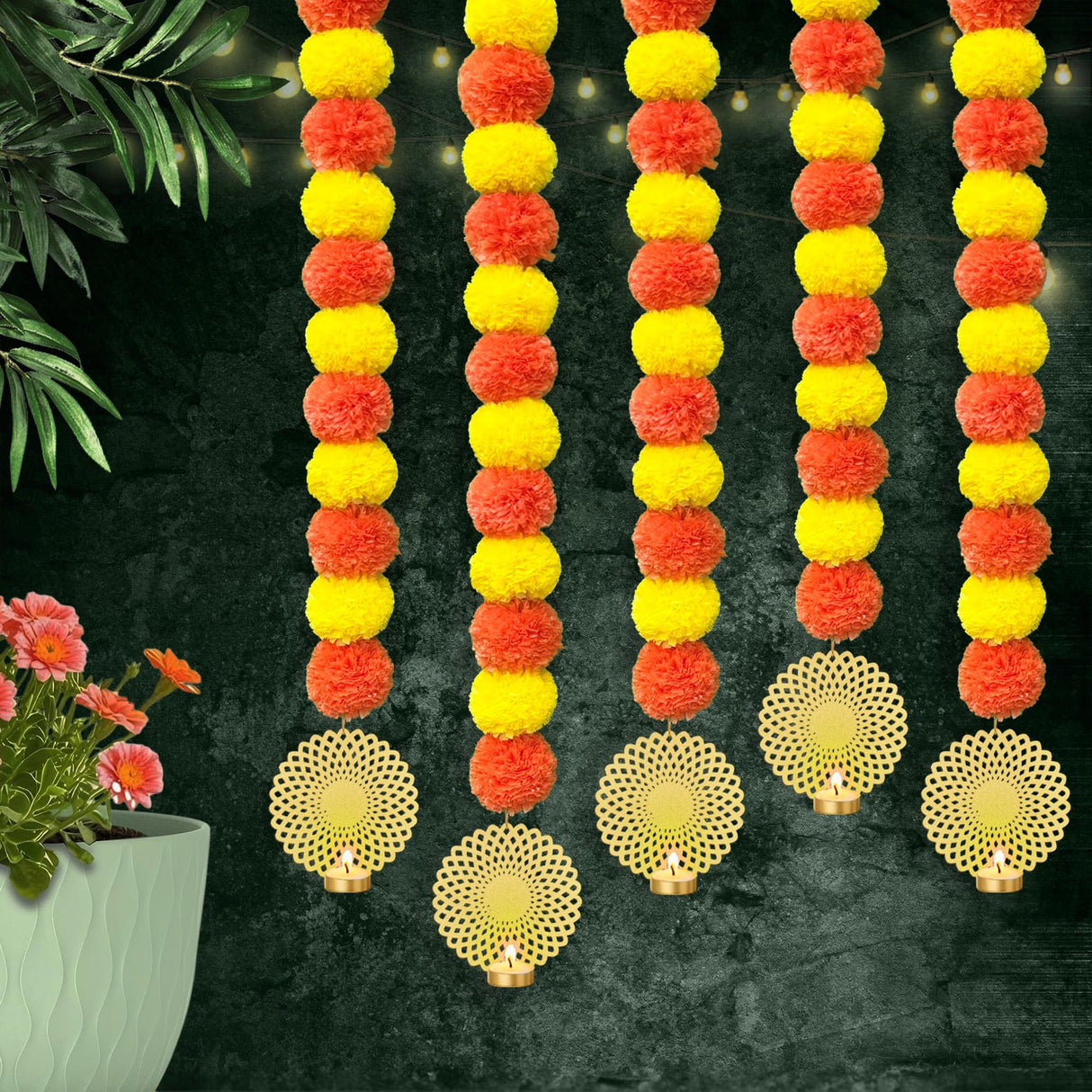 DIYANA IMPEX Marigold Garland for Decoration 5 Pcs Artificial Marigold Flowers, Indian Décor for Pooja, Diwali, Rangoli, Wedding, Christmas Decorations for Home (Peacock, 50")