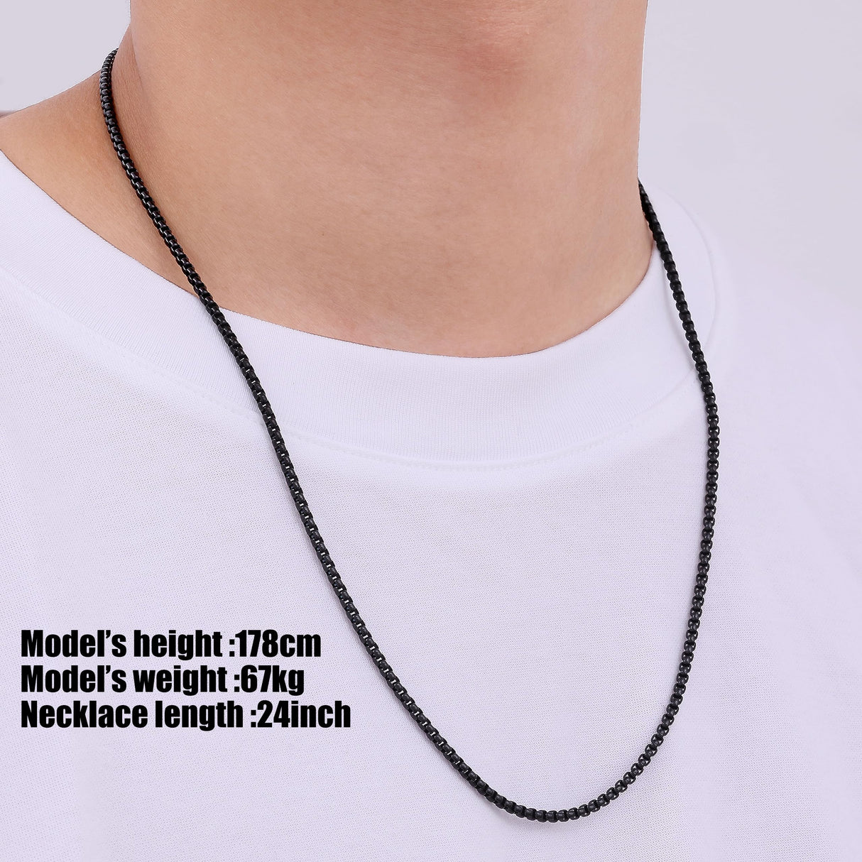 Fiusem Black Chain for Men, 3mm Stainless Steel Necklace for Men and Women, Box Chain 24 Inches
