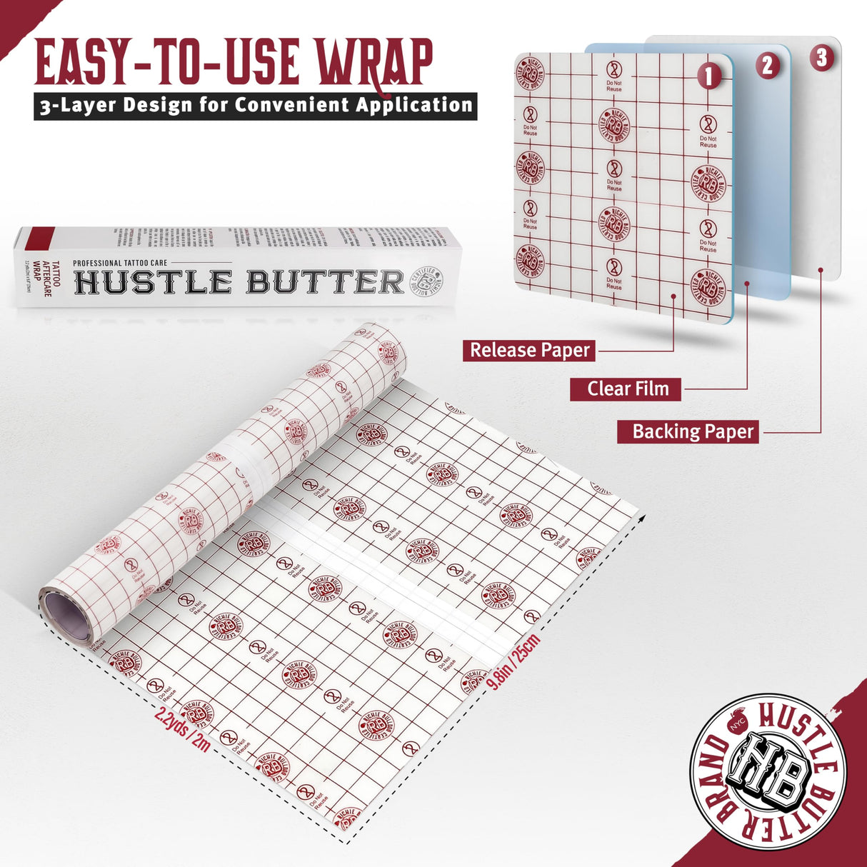 Hustle Butter Second Skin Tattoo Wrap - 9.8 Inches x 2.2 Yards - Transparent Adhesive Roll - Easy Removal, Mess-Free Body Art Wrap - Breathable & Latex-Free - for Medium Tattoo Aftercare