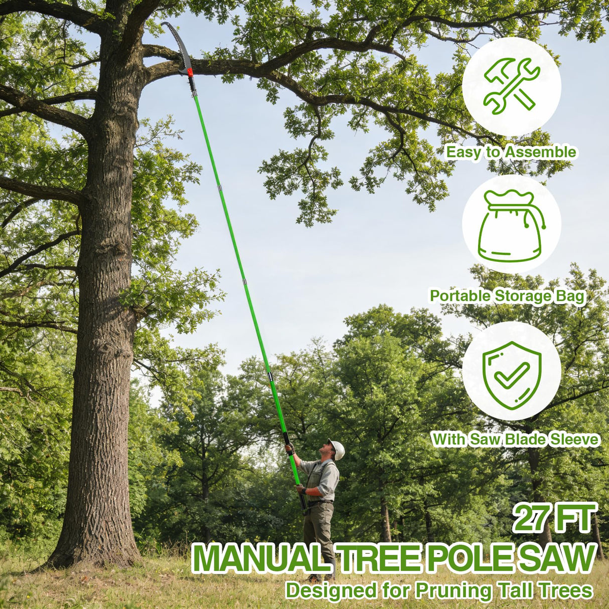 Pterying Pole Saws for Tree Trimming - 7.3-27 ft Manual Tree Trimmer with Sharp Steel Blade and Scissors, Long Reach High Branch Cutter for Garden Landscaping Pruning Palms Shrubs Fruit Trees