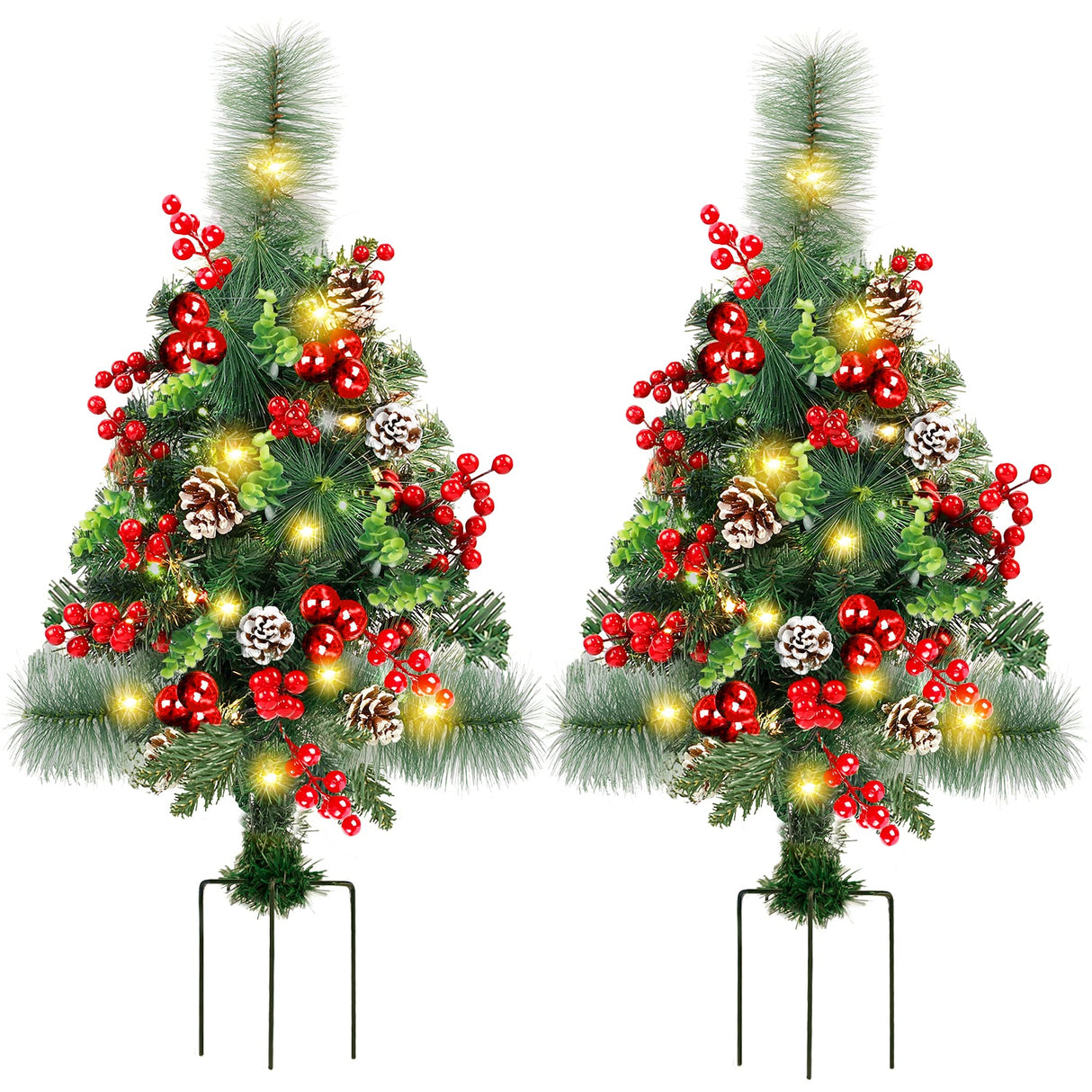 GUOOU Set of 2 Pathway Christmas Tree Urn Filler, Lighted Artificial Mini Xmas Trees with Lights, Outdoor Christmas Decorations for Porch, Driveway, Yard (5 Pine Cones)