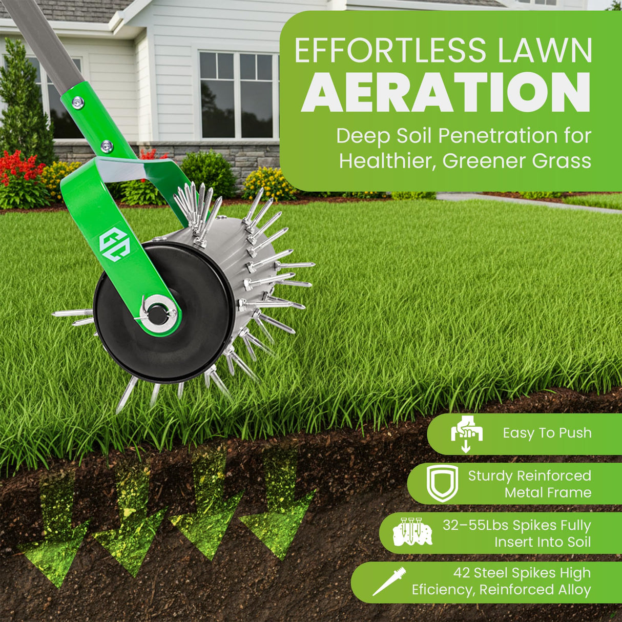 Manual Lawn Aerator Roller Tool, Heavy-Duty Rolling Lawn Aerator, 42 Pre-Attached Steel Spikes, 57 Inch Adjustable Height, Fillable Weighted Drum, 2 Inch Soil Penetrator for Lawn, Garden & Yard Care