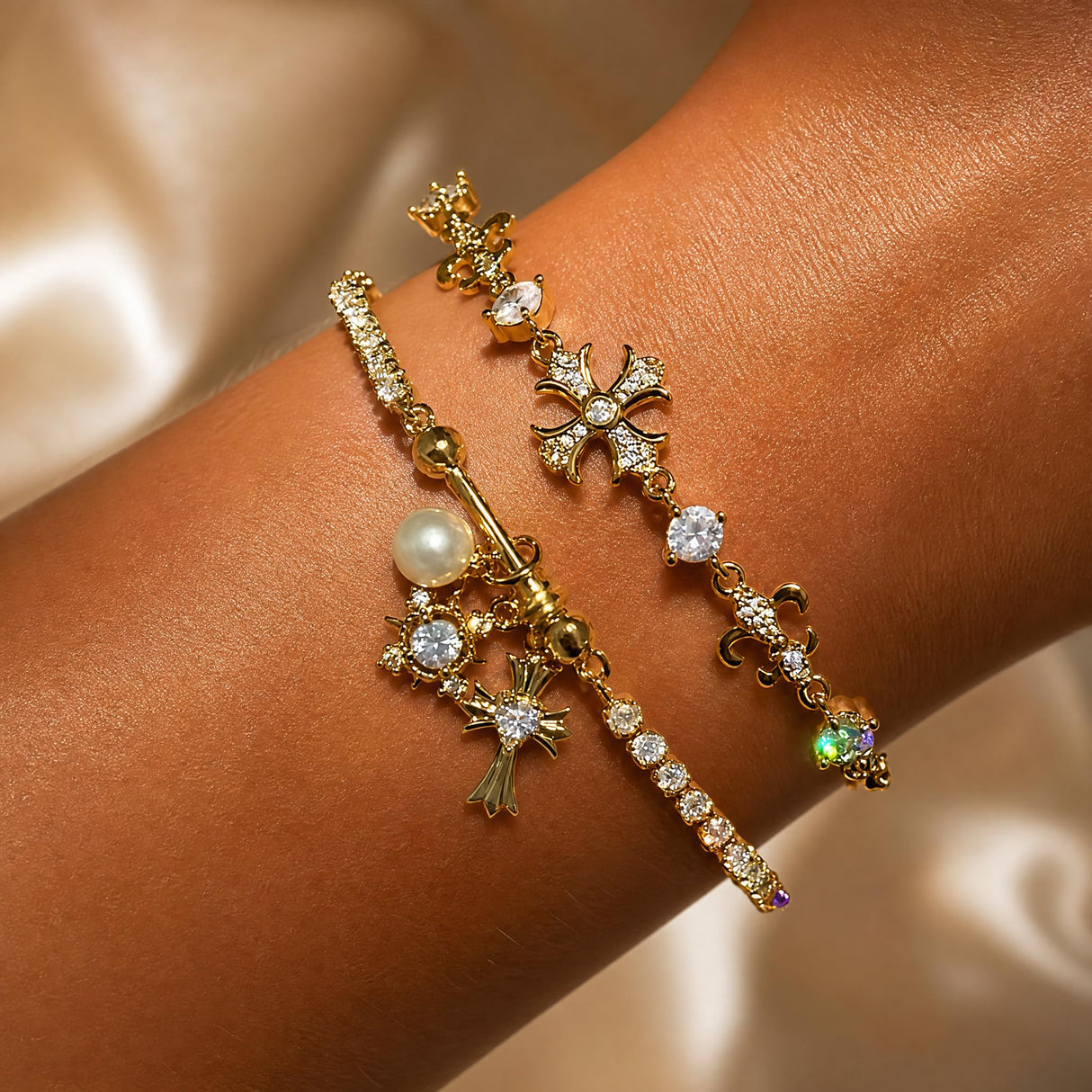 14K Gold Bracelet for Women | Cross Charm, Adjustable Slider-2Pcs
