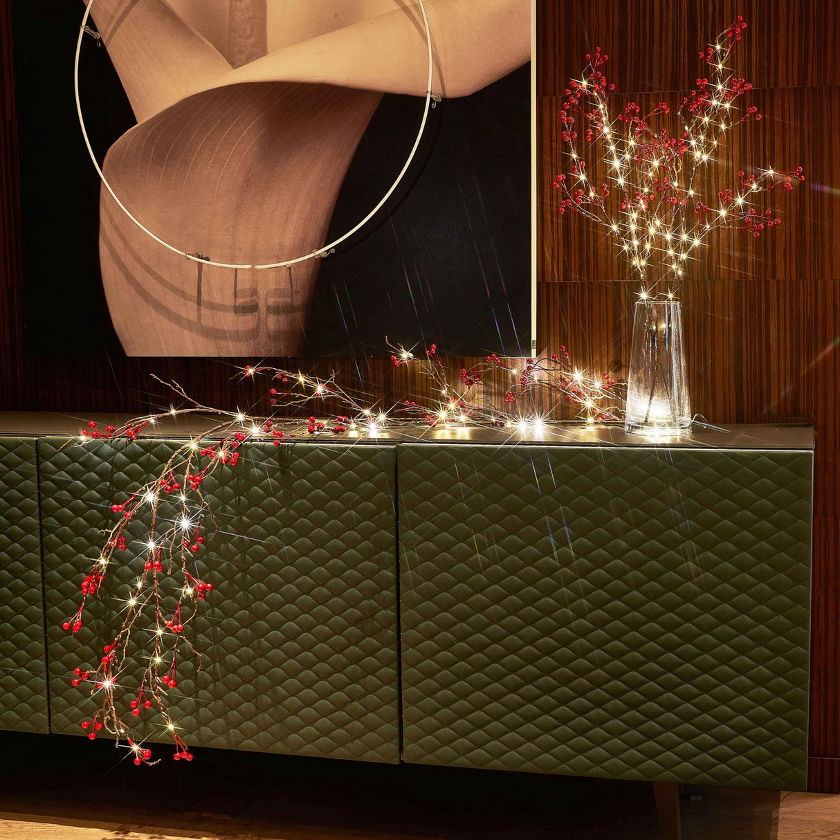 LITBLOOM Lighted Red Berry Branches 80 LED Fairy Lights with Timer, Twig Branches with Lights 32IN Battery Operated and USB Plug in for Home Fireplace Christmas Decoration