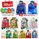 38PCS Christmas Drawstring Gift Bags Assorted Size Small Medium Large, Holiday Xmas Presents Wrapping Bags with Tags