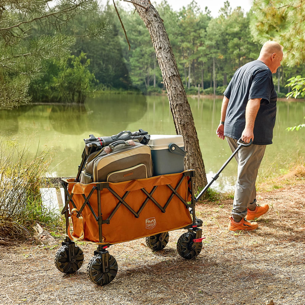 TIMBER RIDGE Outdoor Collapsible Folding Wagon with Brakes and Cup Holders, 500lbs Heavy Duty All Terrain Wheels Utility Cart for Shopping Camping Garden Sports, Orange