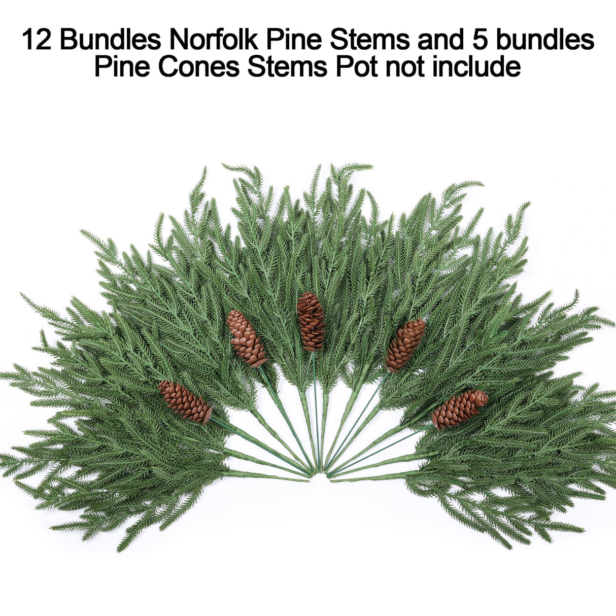 florisso Artificial Christmas Norfolk Pine Stems Branches for Vases,12 Bundles Faux Pine Branches with 5 PCS Big Pinecones Stems Fake Greenery Evergreen Real Touch for Holiday Winter Table Xmas Decor