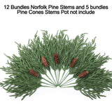 florisso Artificial Christmas Norfolk Pine Stems Branches for Vases,12 Bundles Faux Pine Branches with 5 PCS Big Pinecones Stems Fake Greenery Evergreen Real Touch for Holiday Winter Table Xmas Decor