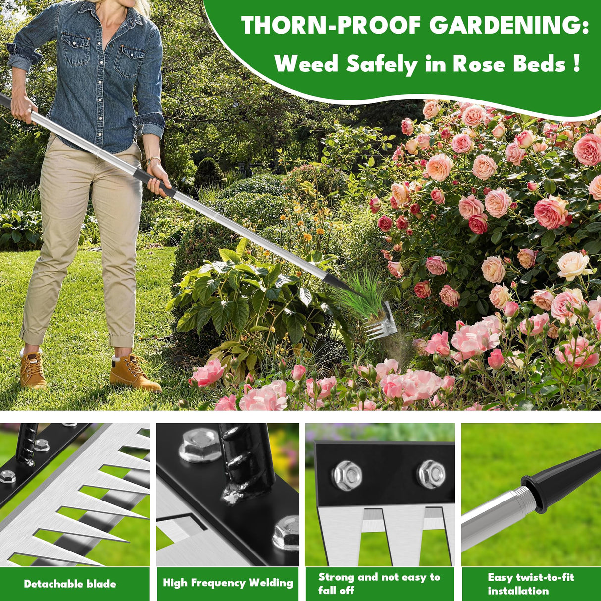 Iron Weeding Rake with Long Handle 2.0, Upgraded 8 Teeths Garden Weed Puller Tool Heavy Duty Gardening Tool for Lawn, Flower Beds & Soil Aeration