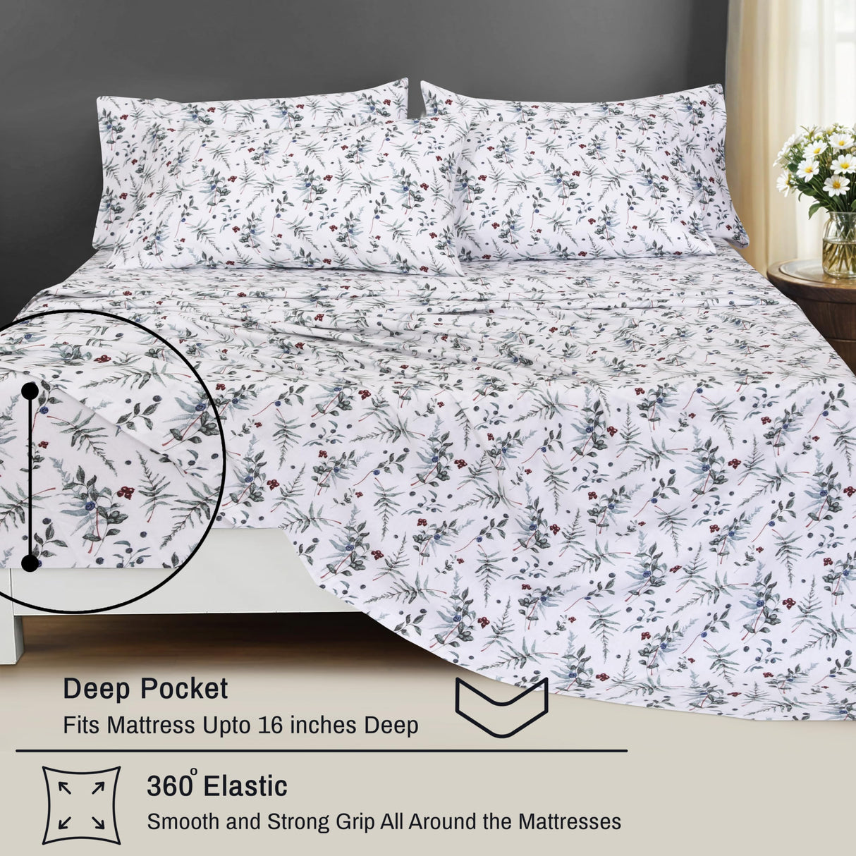 RUVANTI Flannel Sheets Queen Size 6 Pcs - 100% Cotton Double Brushed Bed Sheets, Deep Pockets 16 Inches Queen Sheet Set, All Seasons Breathable, Extra Soft & Comfy, Christmas Attraction