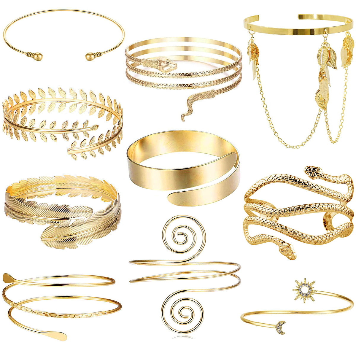 EIELO 10Pcs Arm Cuff Bracelets for Women Upper Arm Bands Snake Feather Armband Greek Goddess Filigree Swirl Boho Armlet Cuff Bangle Adjustable Golden Arm Bracelet Set