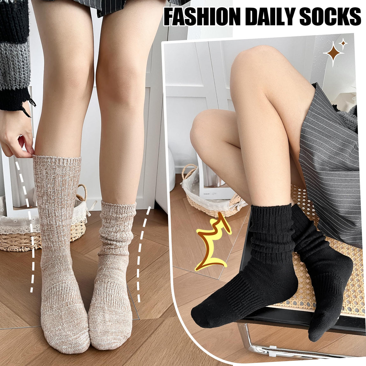 Sandsuced Womens Slouchy Boot Socks Winter Warm Cozy Slouch Scrunch Winter Fuzzy Fluffy Crew Socks 5 Pairs Gifts Stocking Stuffers(Black/Dark Grey/Light Grey/Khaki/White, M)