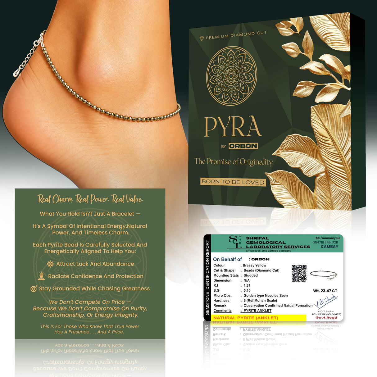 ORBON Original Certified Raw Pyrite Anklet for Women | Natural Raw Pyrite Crystal Ankle Bracelet for Wealth & Abundance | Genuine Stone, Adjustable Fit, Astrologer Recommended | Success Energy with Activation Card & Authenticity Certificate (2 MM BEADS)