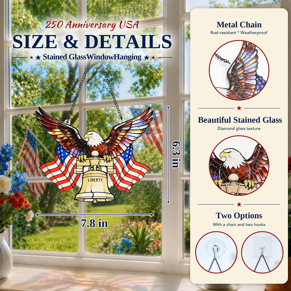SUNCKET America 250th Independence Day 4th of July Decorations American Bald Eagle 7.8 Inch Stained Glass Window Hanging Suncatcher