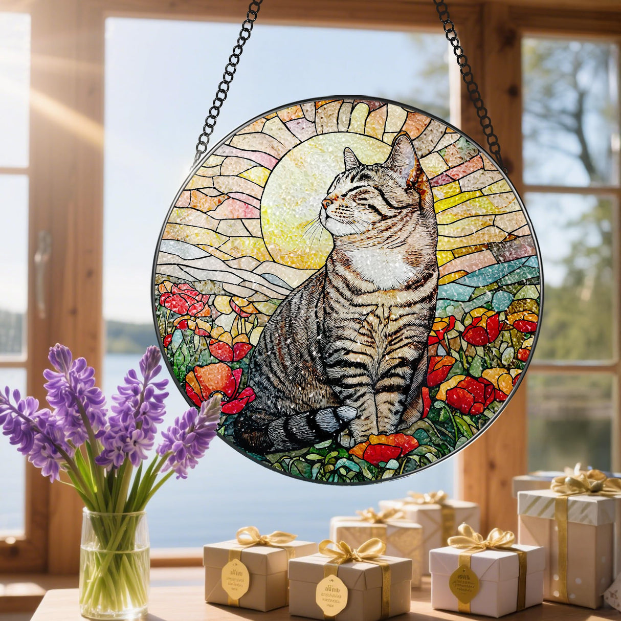 Stained Glass Window Hanging, 8 Inch Cat Stained Glass Ornament, Suncatchers for Windows Hanging, Suncatcher Decorations for Windows, Window Decor, Gifts for Cat Lovers
