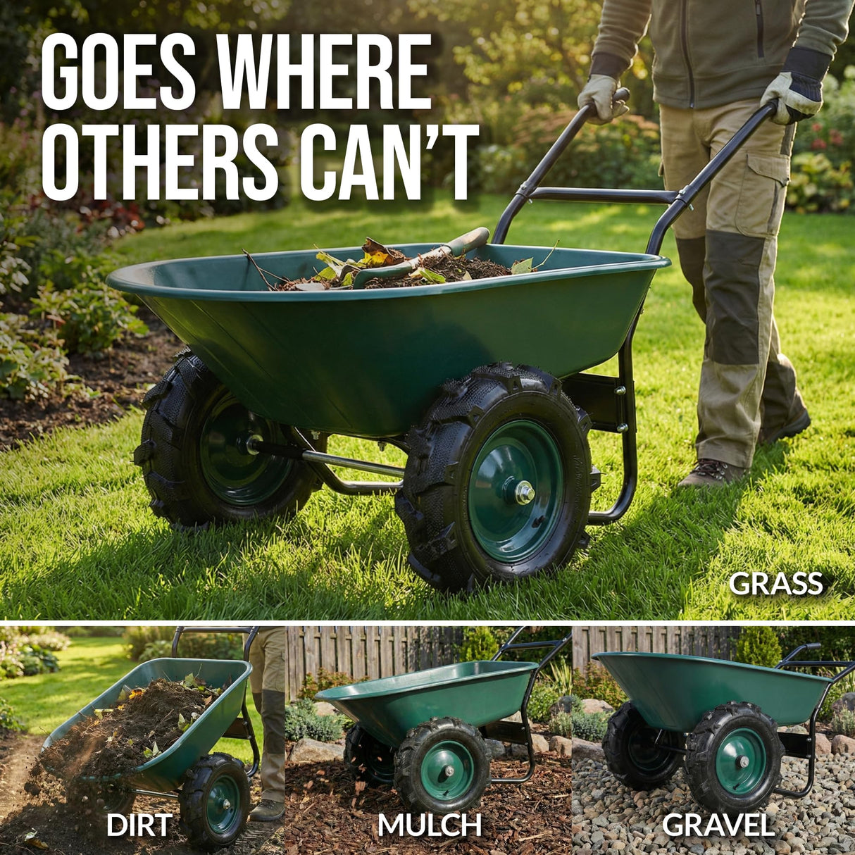 Best Choice Products Dual-Wheel Wheelbarrow Garden Cart - 500 lb Capacity, Extra-Large Wheels, Built-in Stand, for Yard, Garden & Landscaping - Green