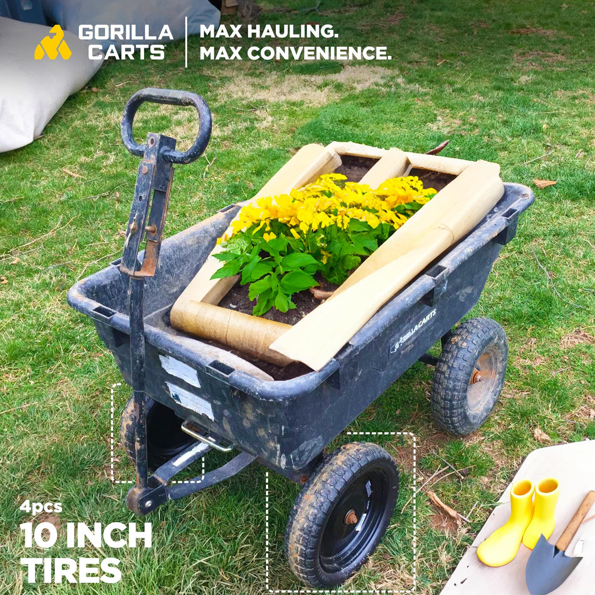 Gorilla Carts 4- Pack 10 Inch No-Flat Replacement Wheels, Heavy Duty Solid Tire - Airless Polyurethane Tires w/ 2.16” Hub, 5/8” Bore for Lawn & Garden Utility Cart and Hand Truck