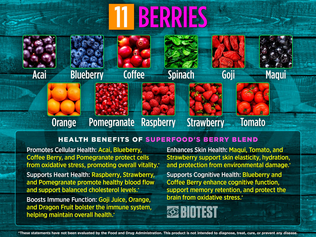 Biotest Superfood Powder Blend of 18 Whole Food Berries, Fruits, and Vegetables - Healthy Polyphenols, Antioxidants, Vitamins, Minerals - 60 Day Supply - 150 g