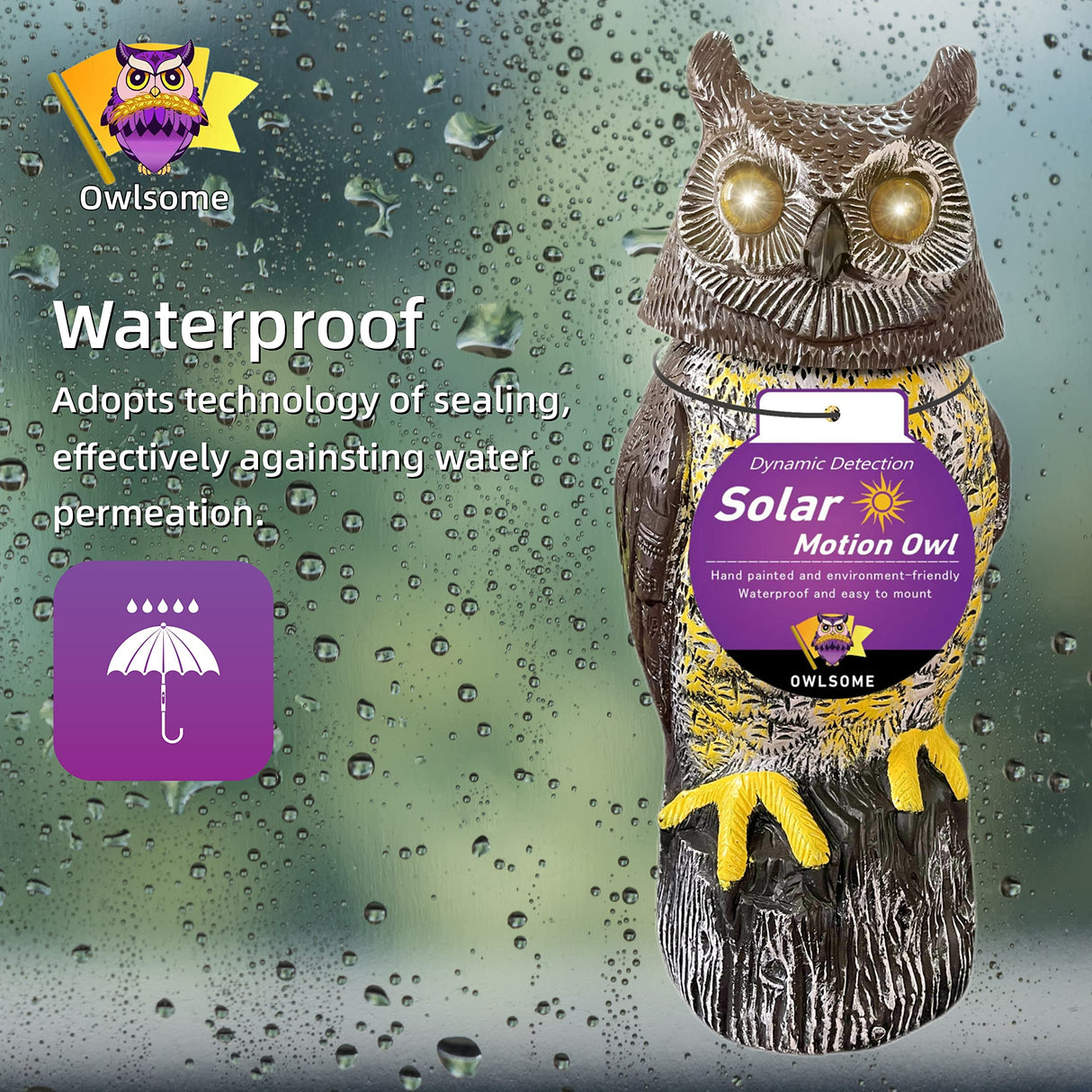 Owlsome Solar Owl with Glowing Eyes, Rotating Head, Hoot Sound, Motion Detector and Silent Mode, Plastic Owl Garden Sculpture, Garden Decoration