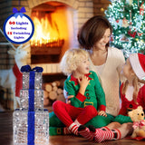 Lighted Gift Boxes Set of 3, Silver Boxes with Bow, Prelit 60 White Lights Present Box Lighted Display with Plug for Home Porch Outdoor Yard Christmas Decorations-Blue