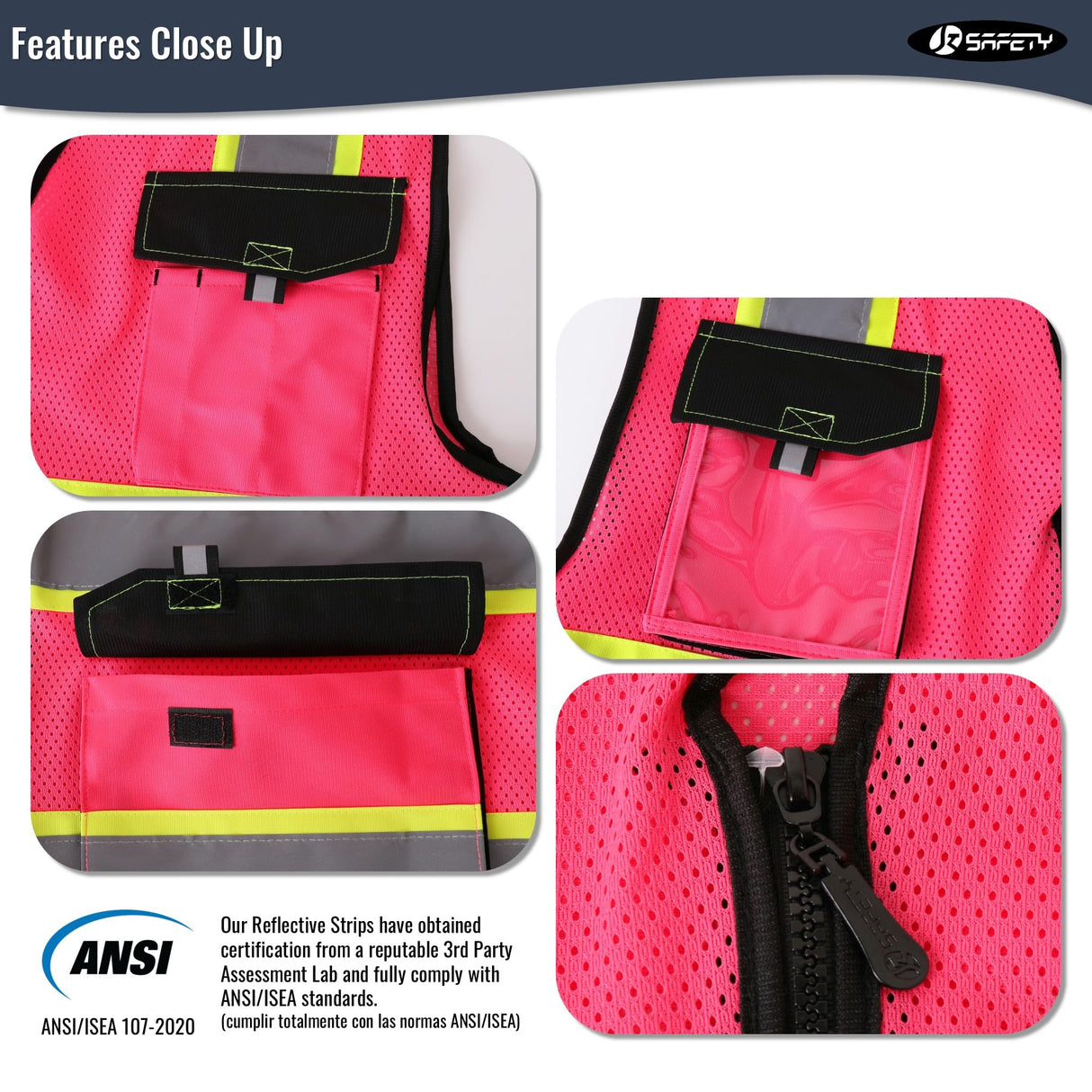 JKSafety Hi Vis Reflective Safety Vests for Men Women High Visibility Vest with Pockets Mesh Fabric Construction Safety Apparel Neon Vest for Work (220-Pink XXL)