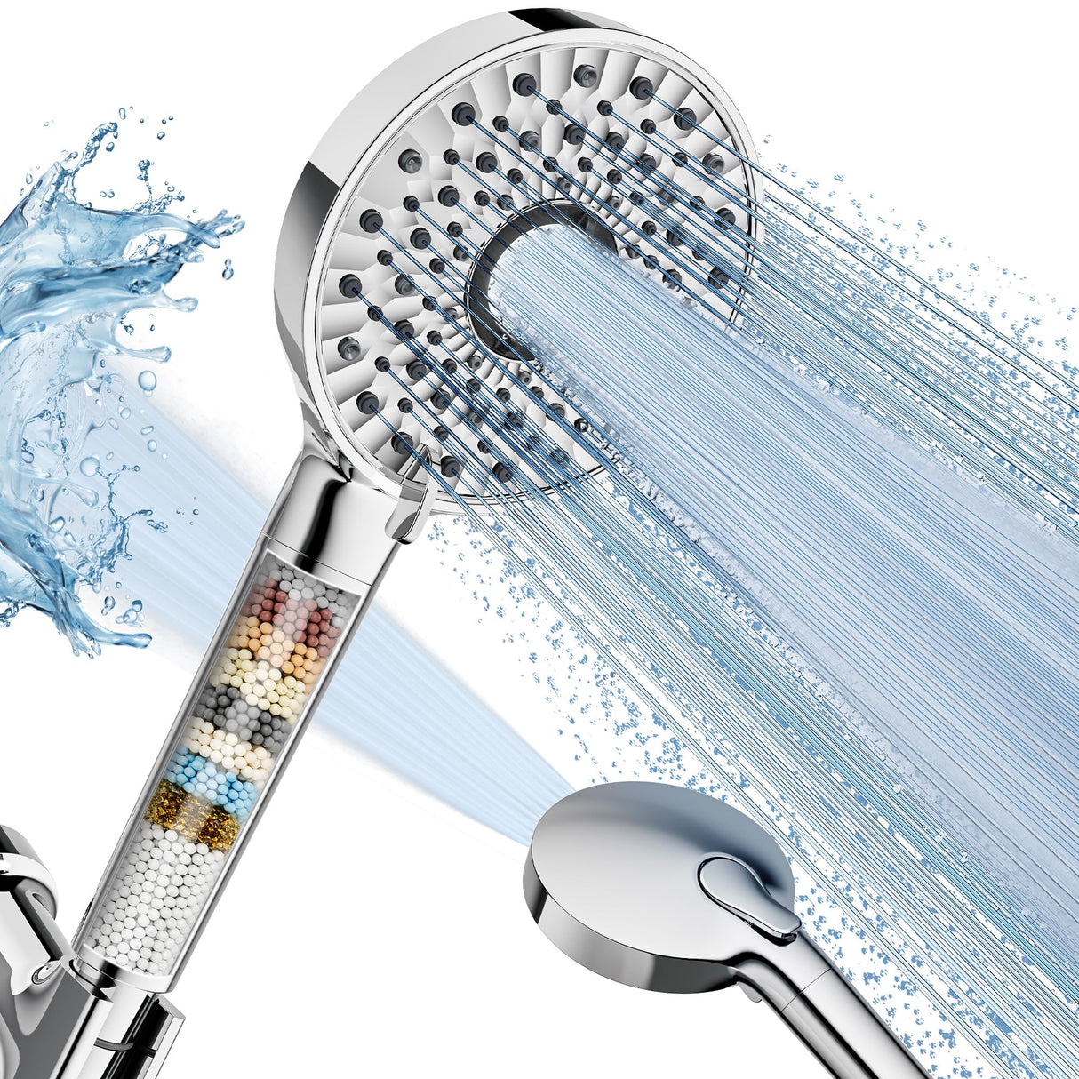 Magichome Filtered Shower Head with Handheld, High Pressure 10-Spd Detachable Chrome Showerhead with Stainless Hose, Water Softener Filter Beads for Hard Water - Remove Chlorine, Reduce Dry Itchy Skin