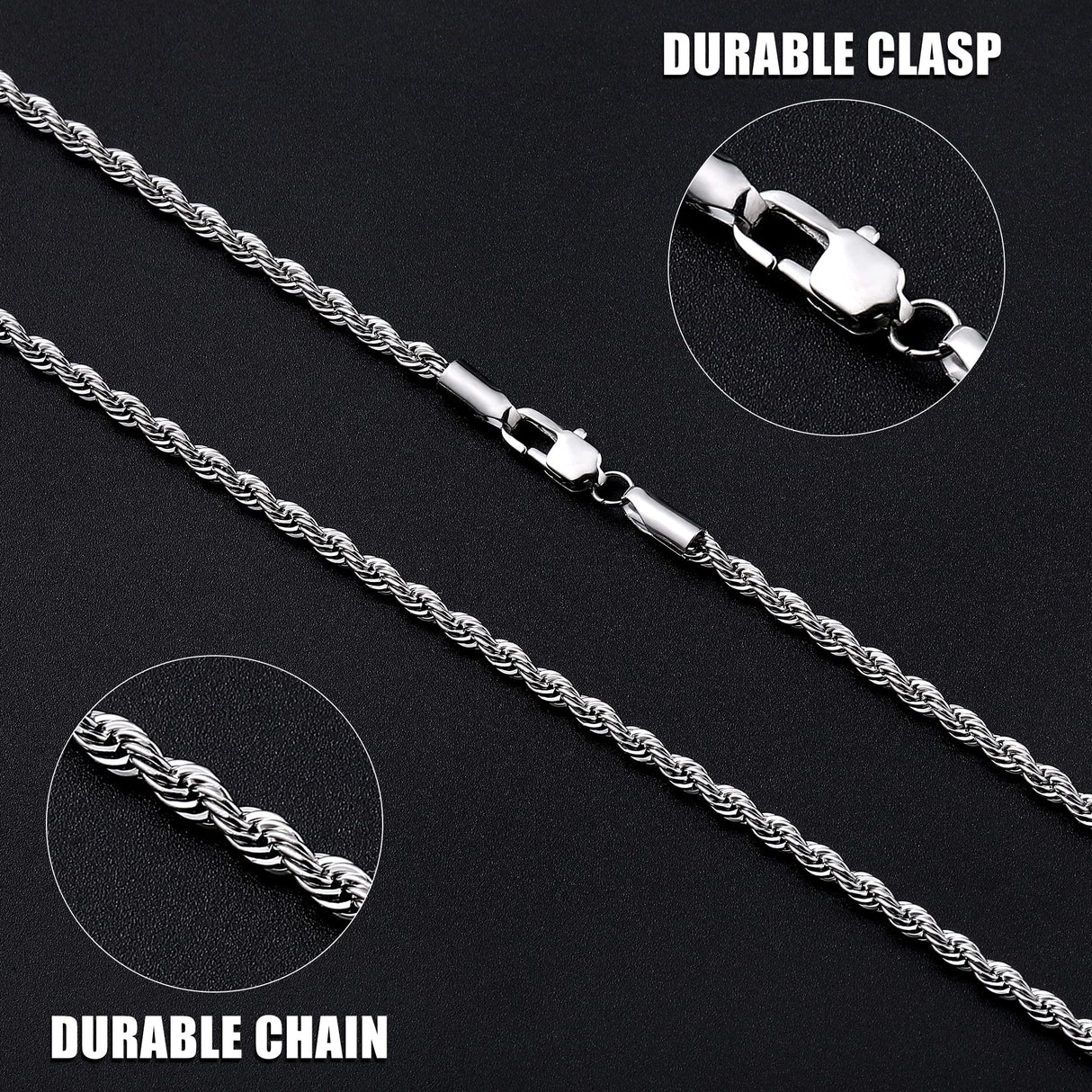 Fiusem Silver Chain Necklace for Men 3mm Stainless Steel Rope Chain 24 Inch