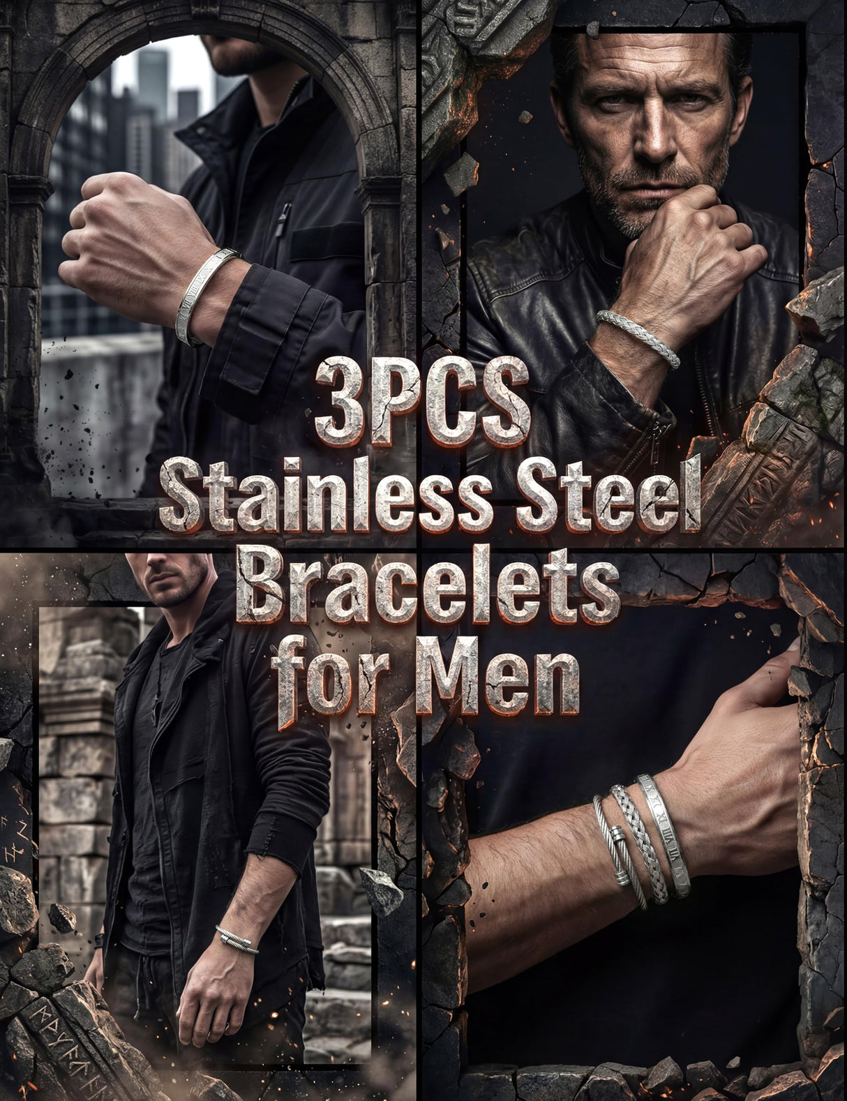 YADOCA 3Pcs Stainless Steel Bracelets for Men Roman Numeral Bangle Bracelet Adjustable Cuff Bracelet Twisted Cable Bracelet Mens Luxury Bracelets Jewelry Gifts Gold/Silver/Black
