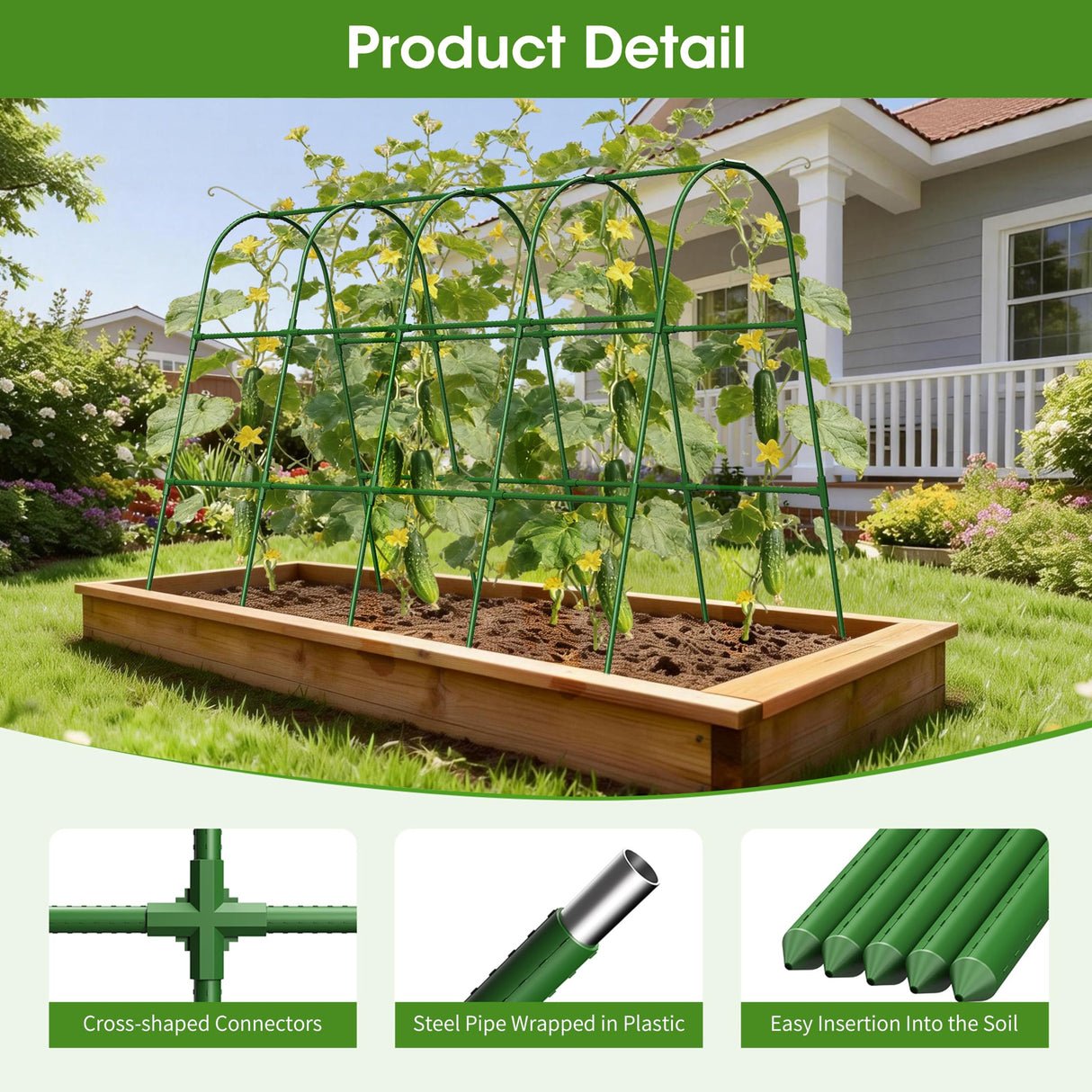MQHUAYU Cucumber Trellis for Raised Bed,U-Shape Garden Trellis for Climbing Plants Outdoor, Metal Arch Vegetables Trellis, Plant Support for Vine (Green, 63" Lx21.6 Wx47.2 H-Large)