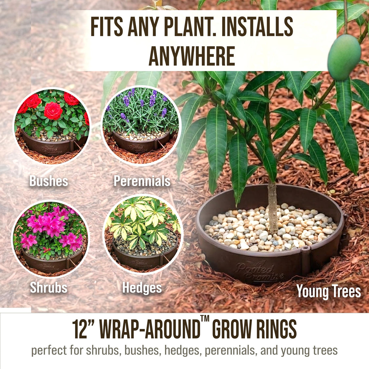 12 Inch Wrap-Around Adjustable Planting Grow Rings | 3 Pack | Brown | Install Around Existing Plants | Square Foot Gardening | Trimmer Protection and Mulch Barrier | Heavy Duty | Made in USA