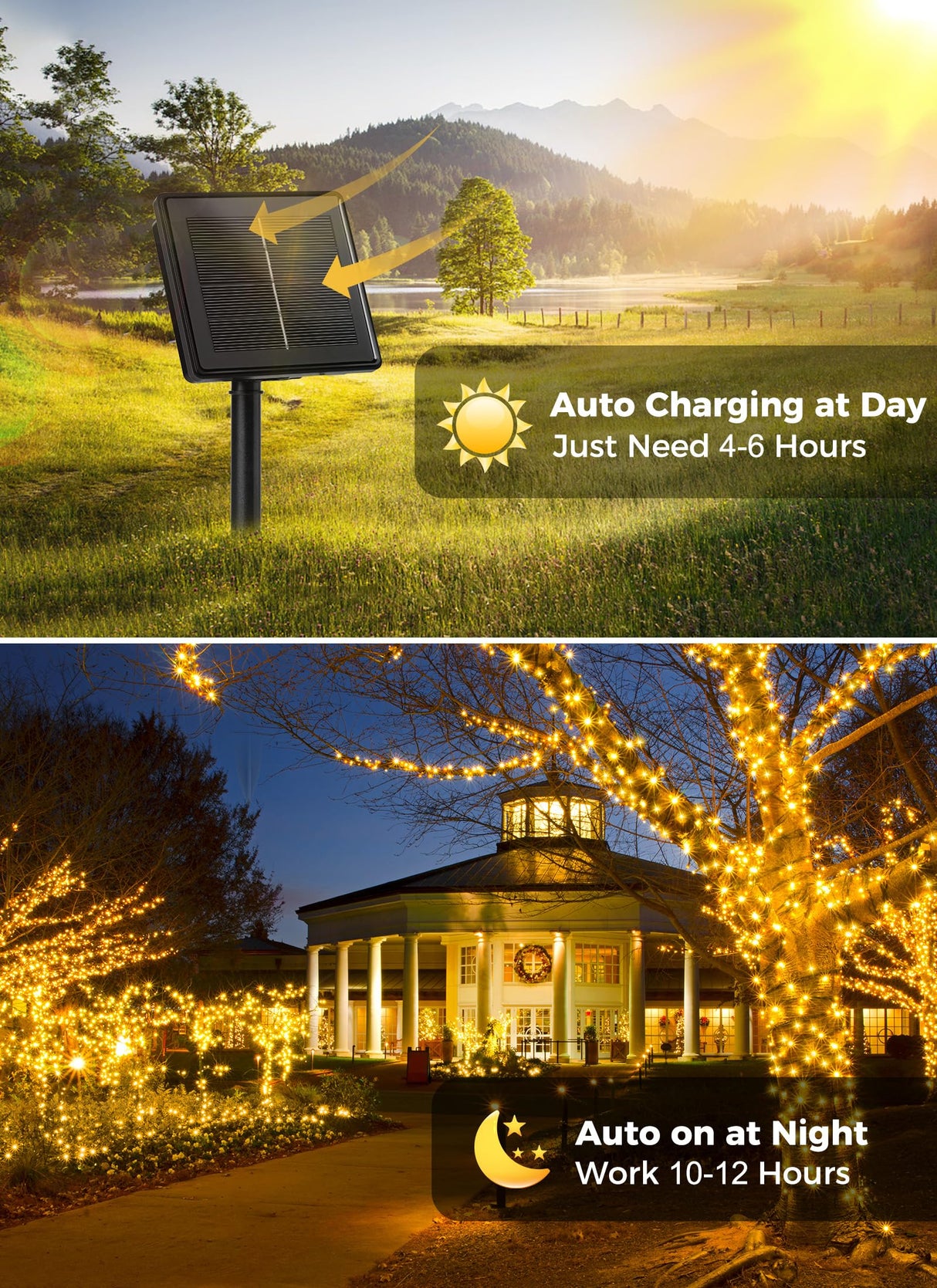 Solar String Lights Outdoor Waterproof, 2 Pack Total 144FT 400 LED Solar Powered String Light with 8 Lighting Modes, Waterproof Patio Lights, Christmas Outdoor Lights for Outside Tree, Warm White