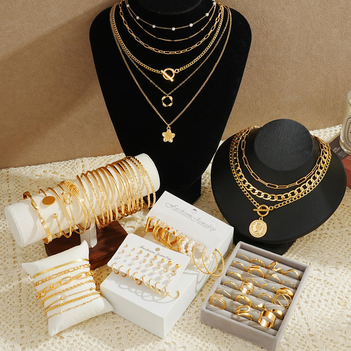 17 MILE 78 Pieces Gold Jewelry Set for Women, 9 Necklace, 24 Bangle Bracelet, 22 Earrings, 23 Knuckle Rings Ties Gold Plated Jewerly set for Women Gift