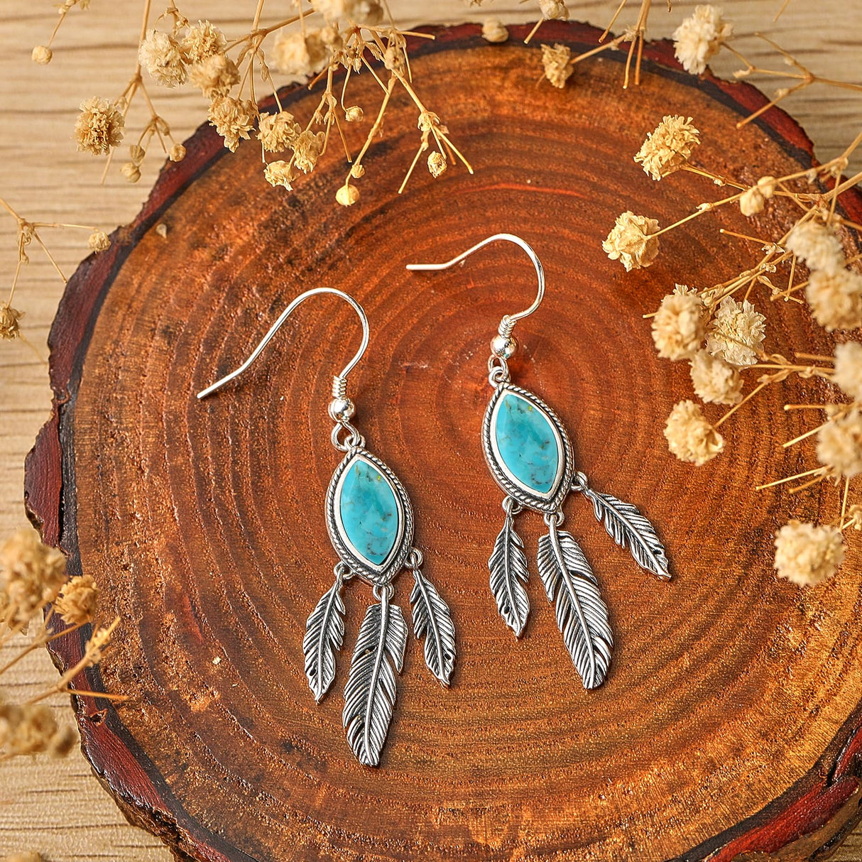 AVECON 2CT Marquise Turquoise Dangle Earrings for Women, Feather Jewelry
