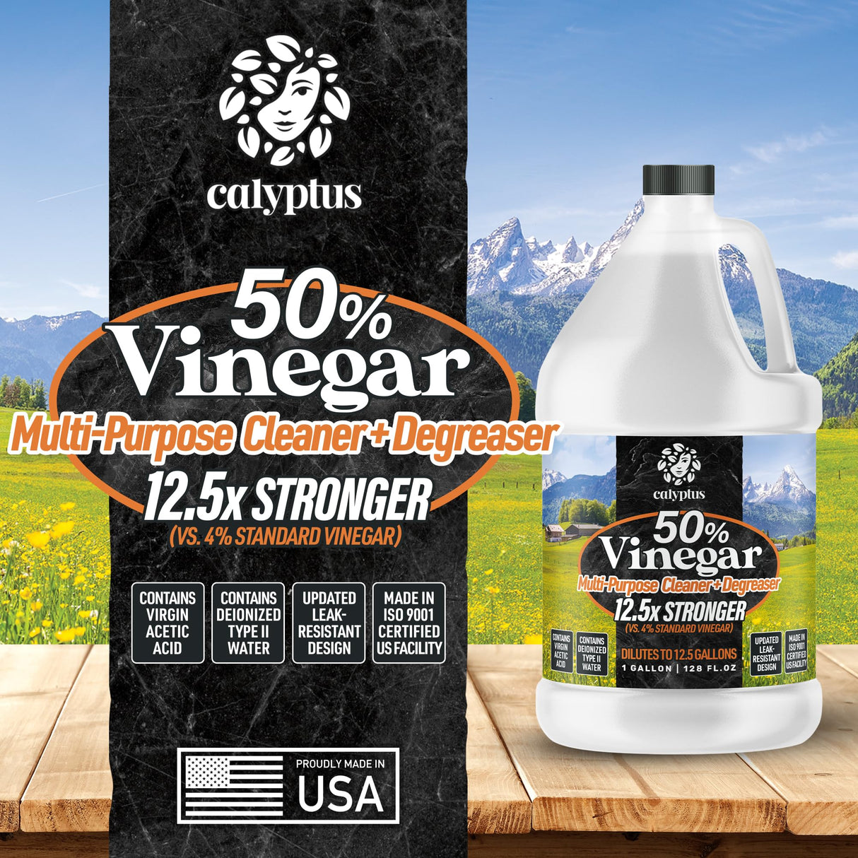 Calyptus 50% Pure Concentrated Vinegar | Maximum-Performance (12.5X) Power | Technical Grade | Dilutes Easily to 5% Acidity (1.5 Cups per Gallon) | Home and Outdoor Cleaning Concentrate | 4 Gallon