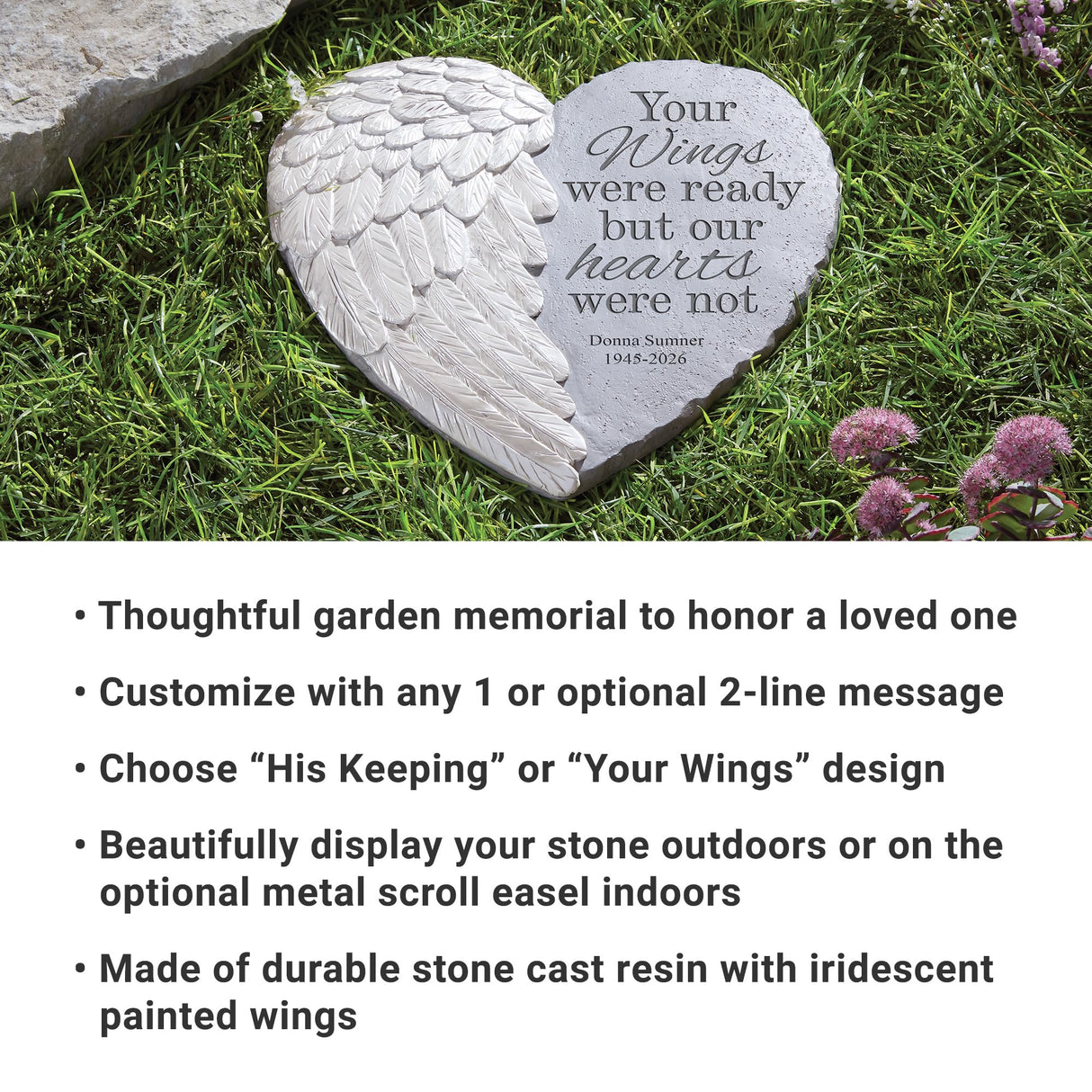 Let's Make Memories Personalized Memorial Garden Stone - Sympathy - Loss of Loved One - Condolences - Indoor/Outdoor - Durable Resin - 3D Wings of Love - Your Wings