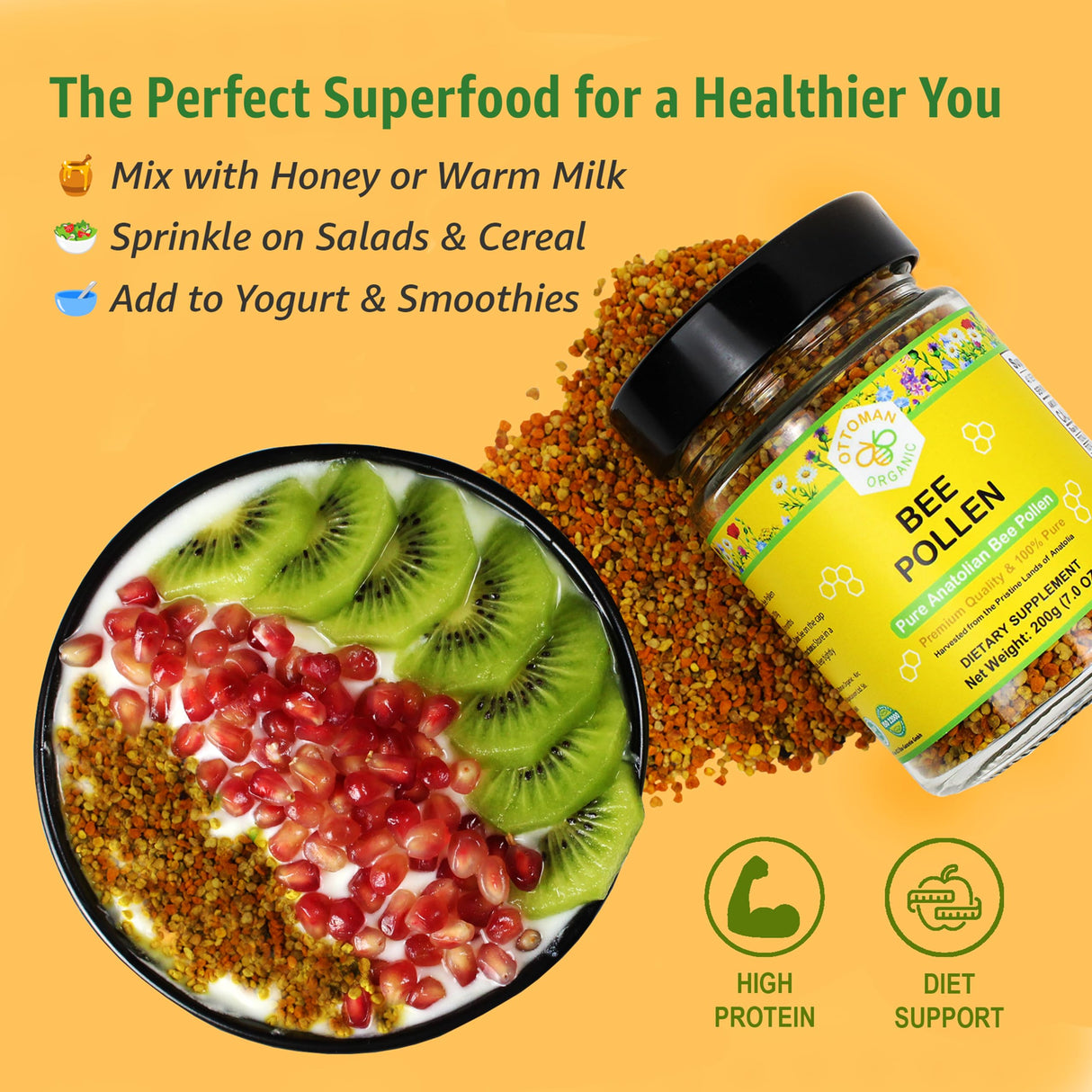 Organic Bee Pollen - USDA & EU Organic Certified, Halal, ISO 22000 & GMP | 100% Pure Superfood for Immune Support, Rich in Vitamins & Minerals | Non-GMO, Additive-Free | 200g (7.05 oz)