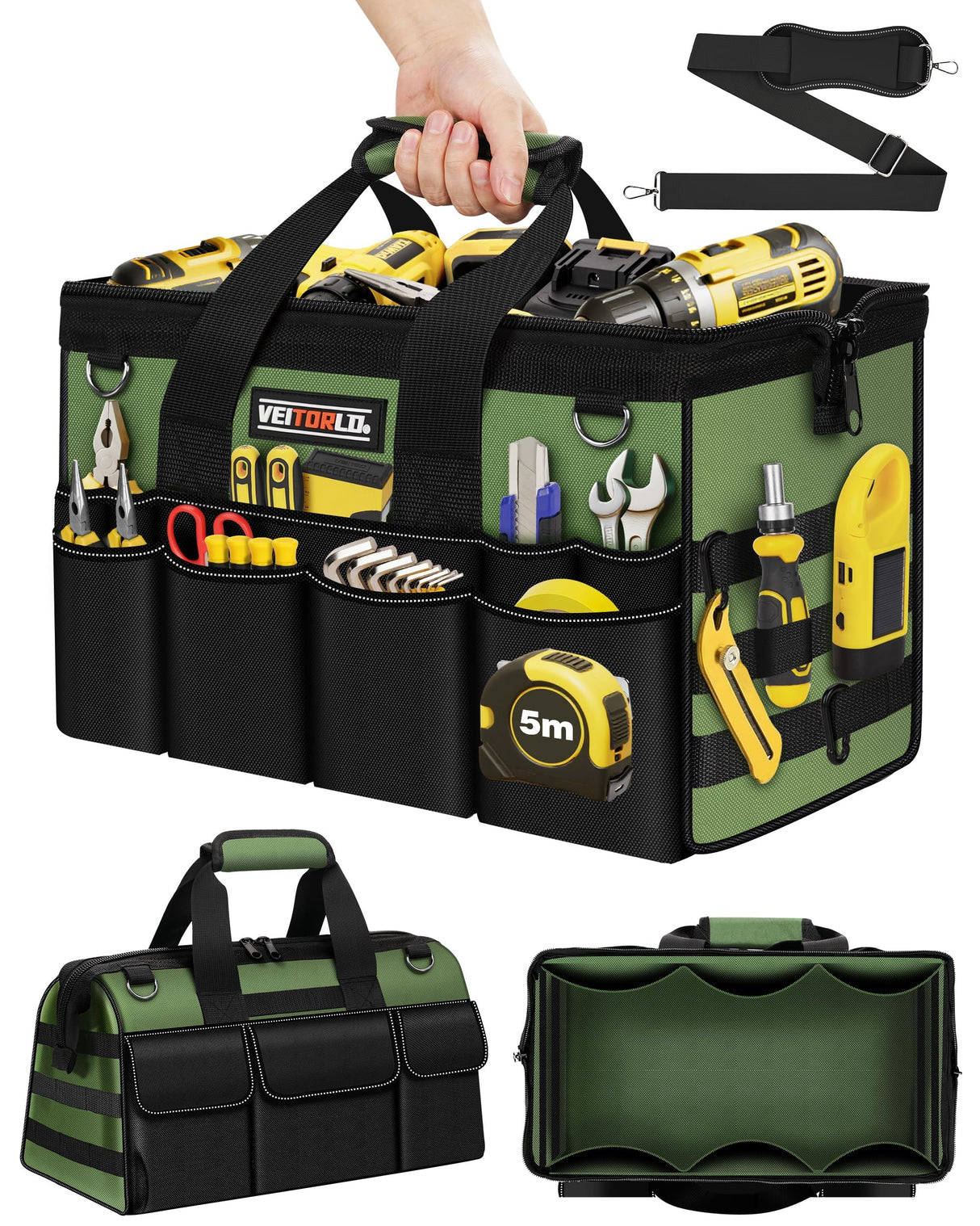 Heavy Duty Tool Bag 16-Inch - 19 Pockets Tool Organizer, Portable Electrician Toolbox W/Soft Handle, Christmas Birthday Gift Ideas for Men Dad Husband Him Mechanic Plumber, Wide Mouth Tool Storage Box