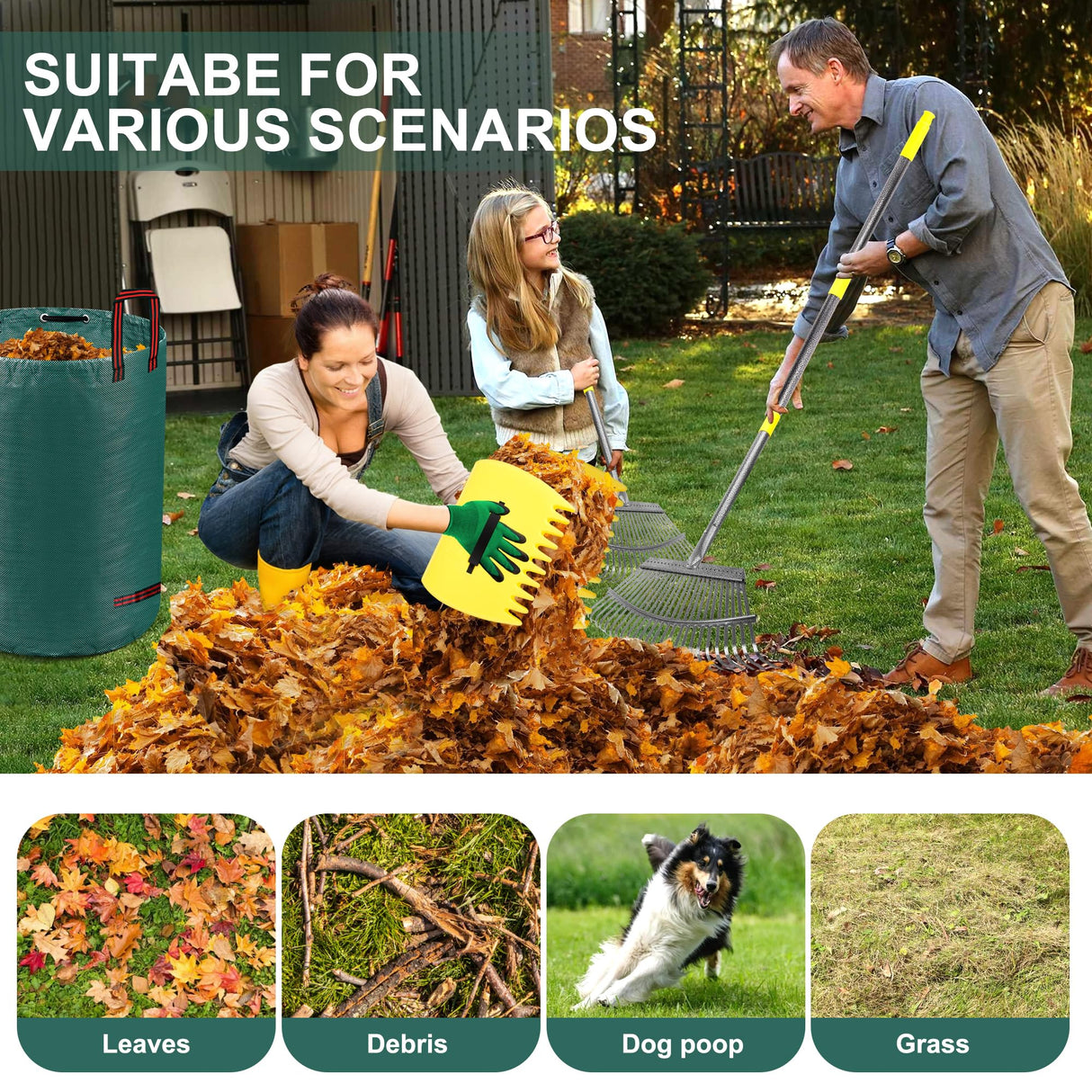 Adjustable Garden Leaf Rake Set, 18" Wide, 25 Tines, 37-79" Handle Metal Leaf Rake with 2 Pack 32 Gallons Leaf Bags and Scoops. Heavy Duty Graden Rakes Set for Lawn, Grass, Shrubs, Flower Beds