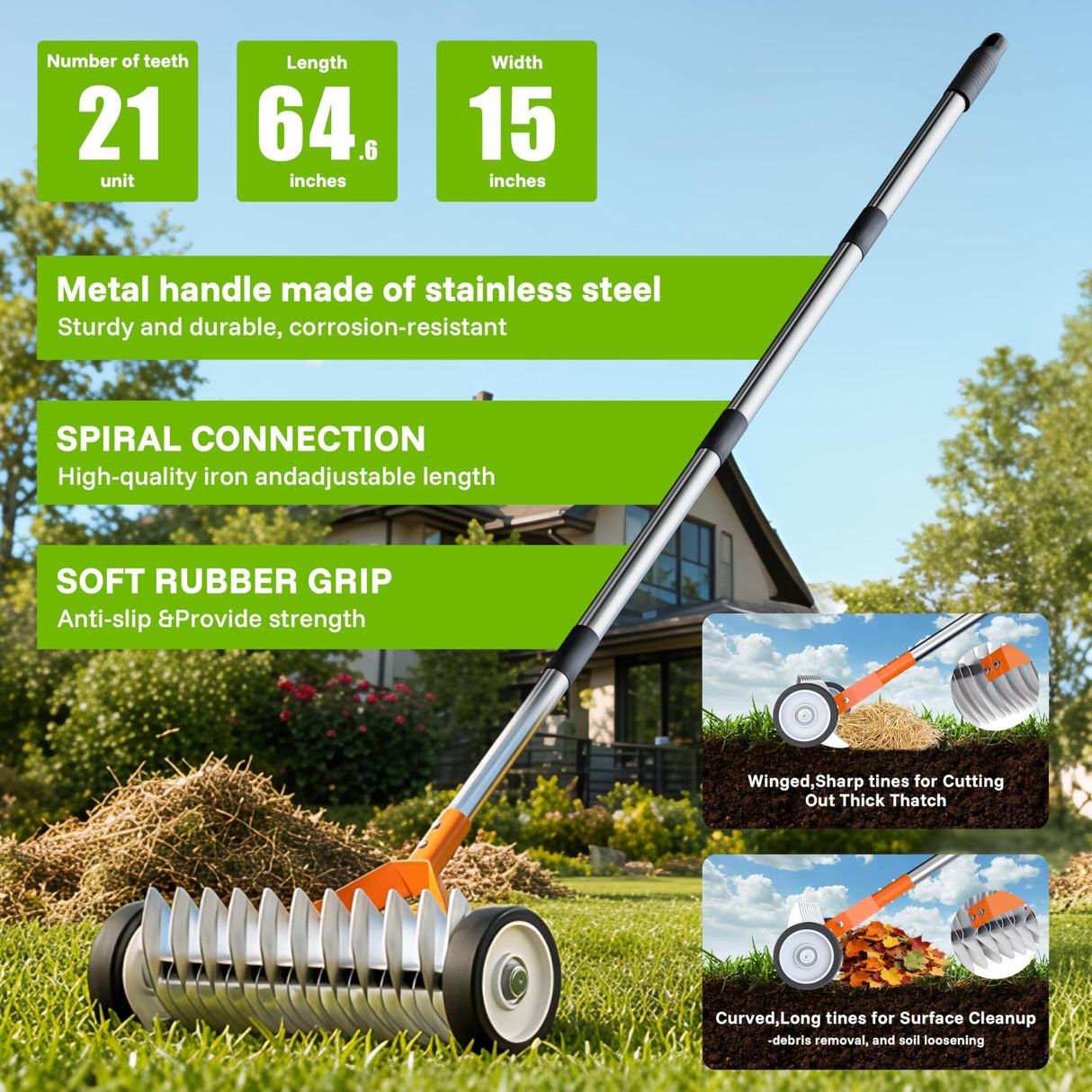 Thatch Rake 15 Inch with Wheels for Lawn Dethatching