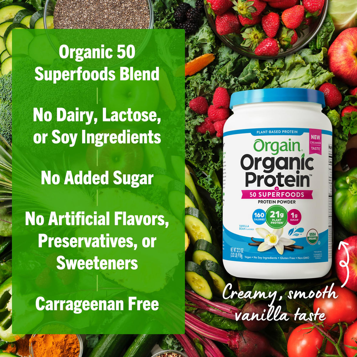 Orgain Organic Vegan Protein + 50 Superfoods Powder, Vanilla Bean - 21g Plant Based Protein, 8g Prebiotic Fiber, No Lactose Ingredients, Gluten Free, No Added Sugar, Non-GMO, 2.02 lb