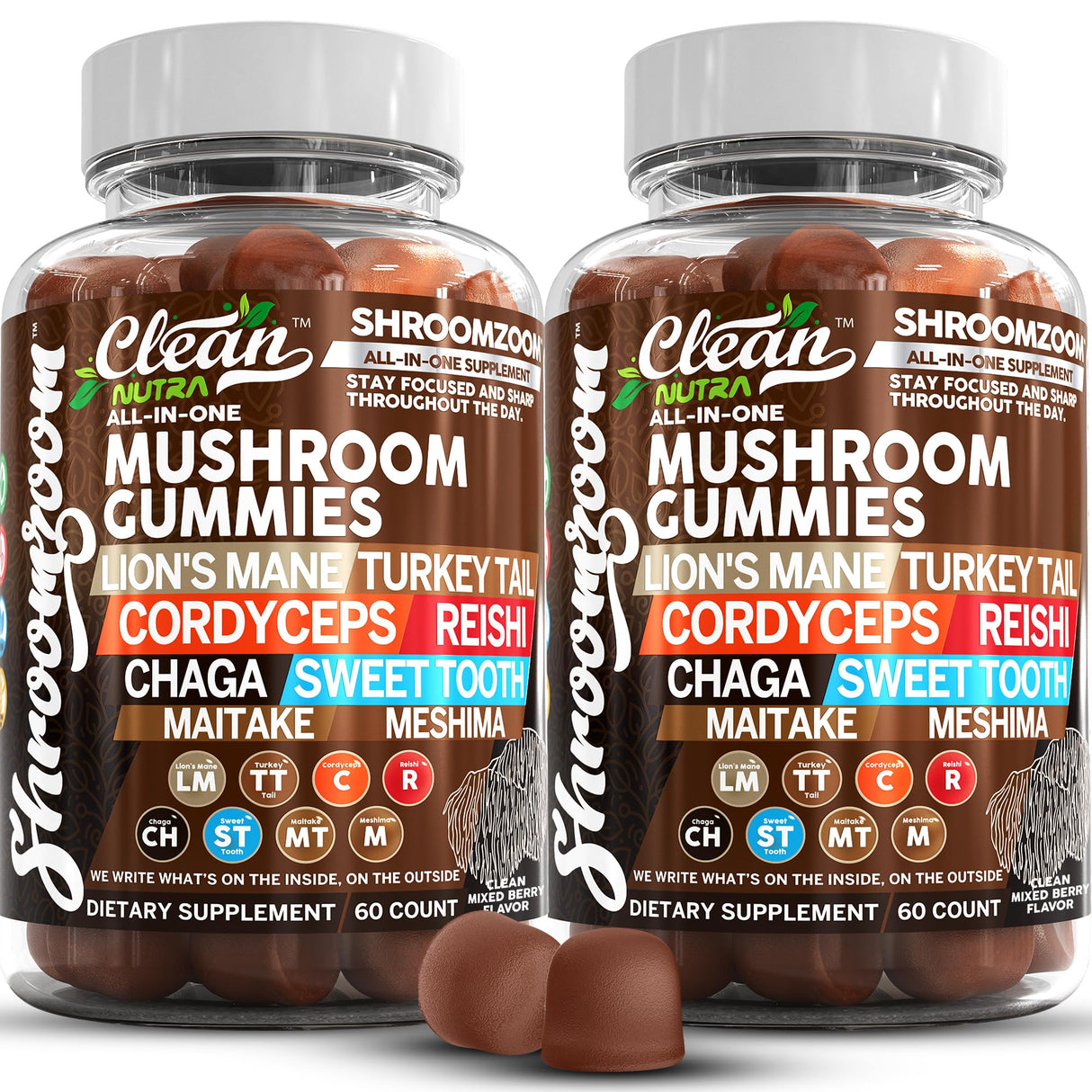 15in1 Mushroom Gummies with Lion's Mane Turkey Tail Cordyceps Reishi Chaga Sweet Toot Maitake Meshima Poria Cocos Shiitake Tremella, Oyster Agaricus Mushrooms for Men and Women Supplement - 2Pack
