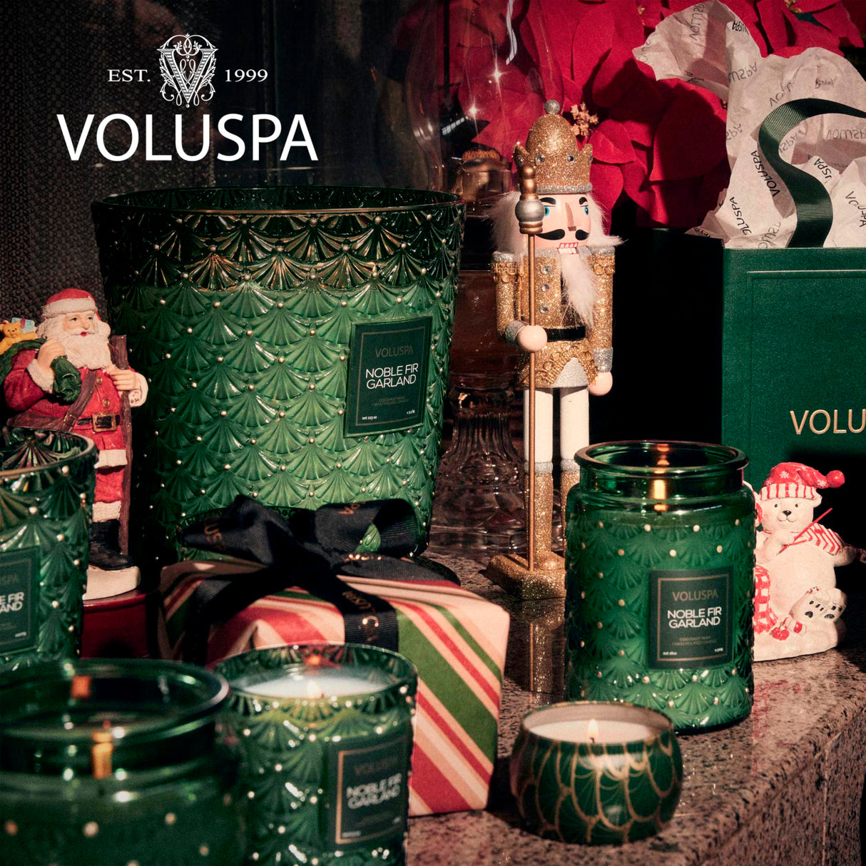 Voluspa Noble Fir Garland, Large Candle Jar, 18oz, Coconut Wax Blend, Christmas Scented Candles for Home, 100 Hour Burn Time, Poured in the USA