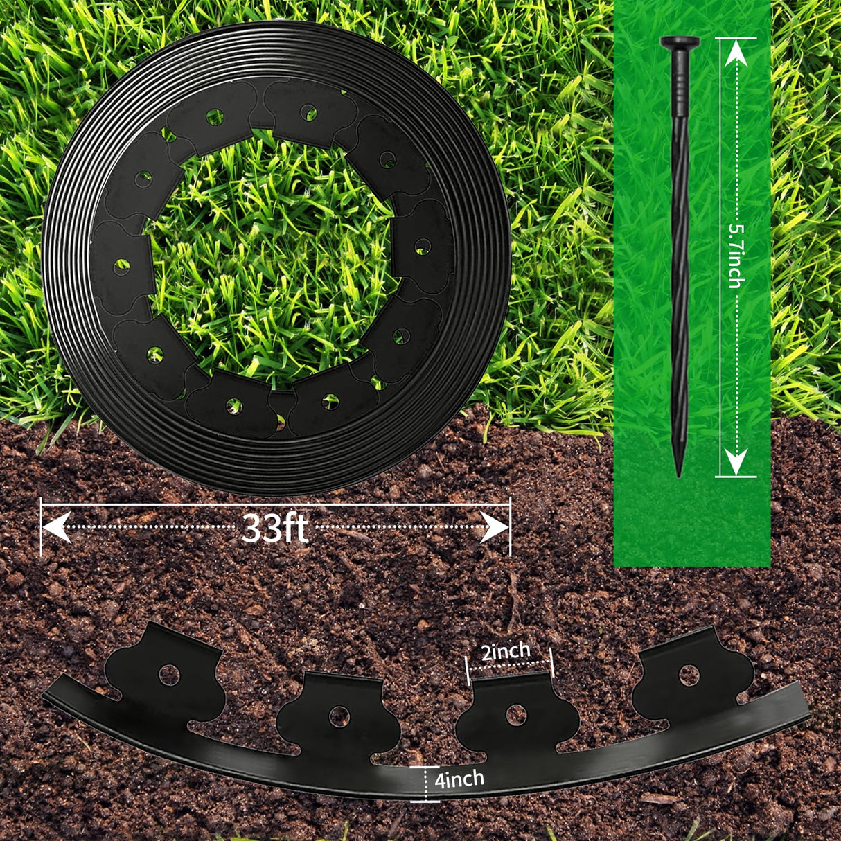 Landscape Garden Edging Kit with 60 Spikes, 4In Tall 66FT Garden Edging Border for Garden, Flower Beds, and Lawn Easy Cutting (Black, 66ft)