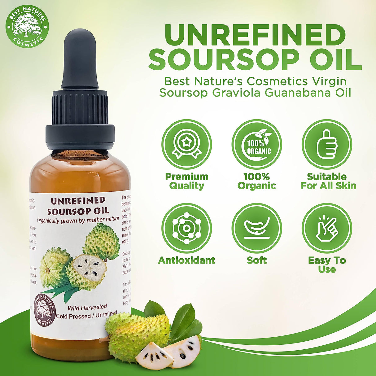 Best Nature's Cosmetics Virgin Soursop Graviola Guanabana Oil (Organic, Undiluted, Cold Pressed, Unrefined) 4 oz / 120 ml – Natural Moisturizer for Dry and Damaged Skin.