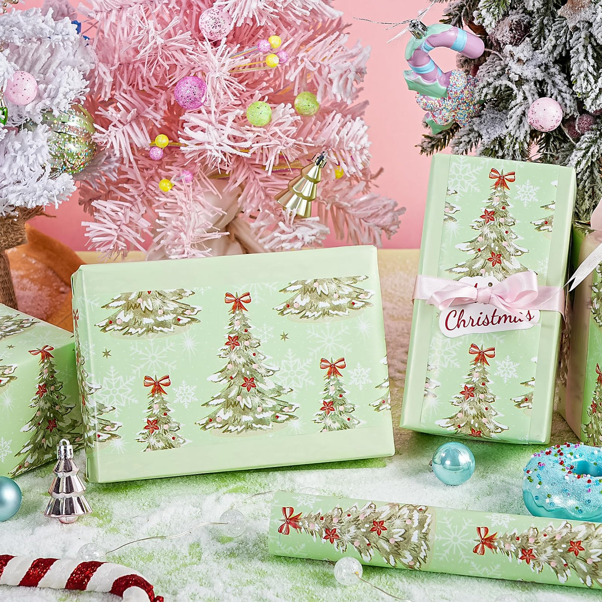 WRAPAHOLIC 30 Inch Jumbo Reversible Christmas Wrapping Paper - 30 Inch x 33 Feet - Light Green Christmas Tree Wrapping Paper for Xmas Holiday, Party Celebration