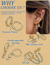 10 Pairs Gold Earring Stacks - Hypoallergenic Flat Back Stud & Hoop Set