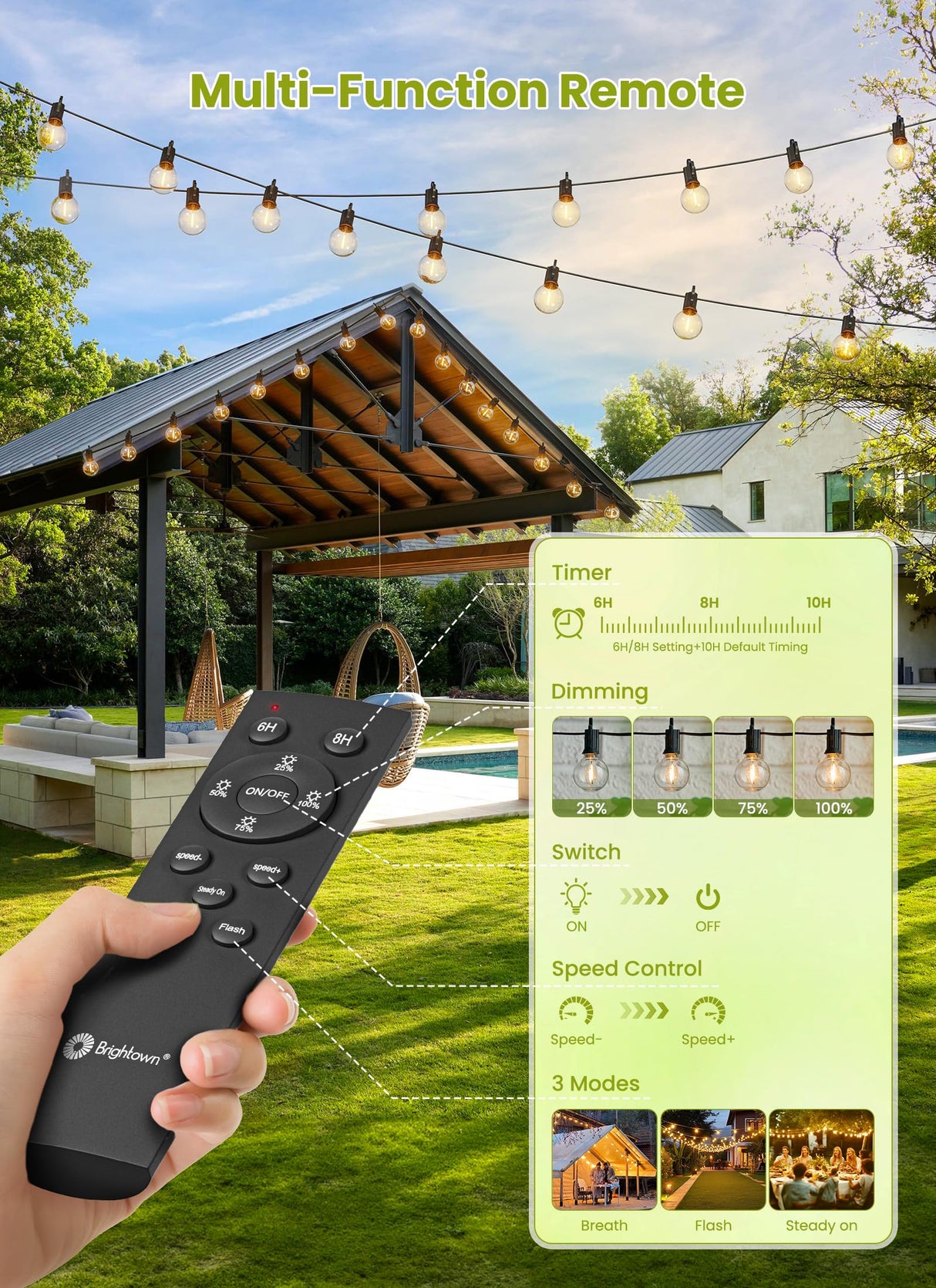 Brightown 58FT Solar String Lights Outdoor with Remote Cable Ties Hooks, 17 LED Shatterproof Bulbs, 3 Light Modes, Dimmer & Timer, Commercial Grade Patio Lights for Yard Balcony Pergola Party Decor