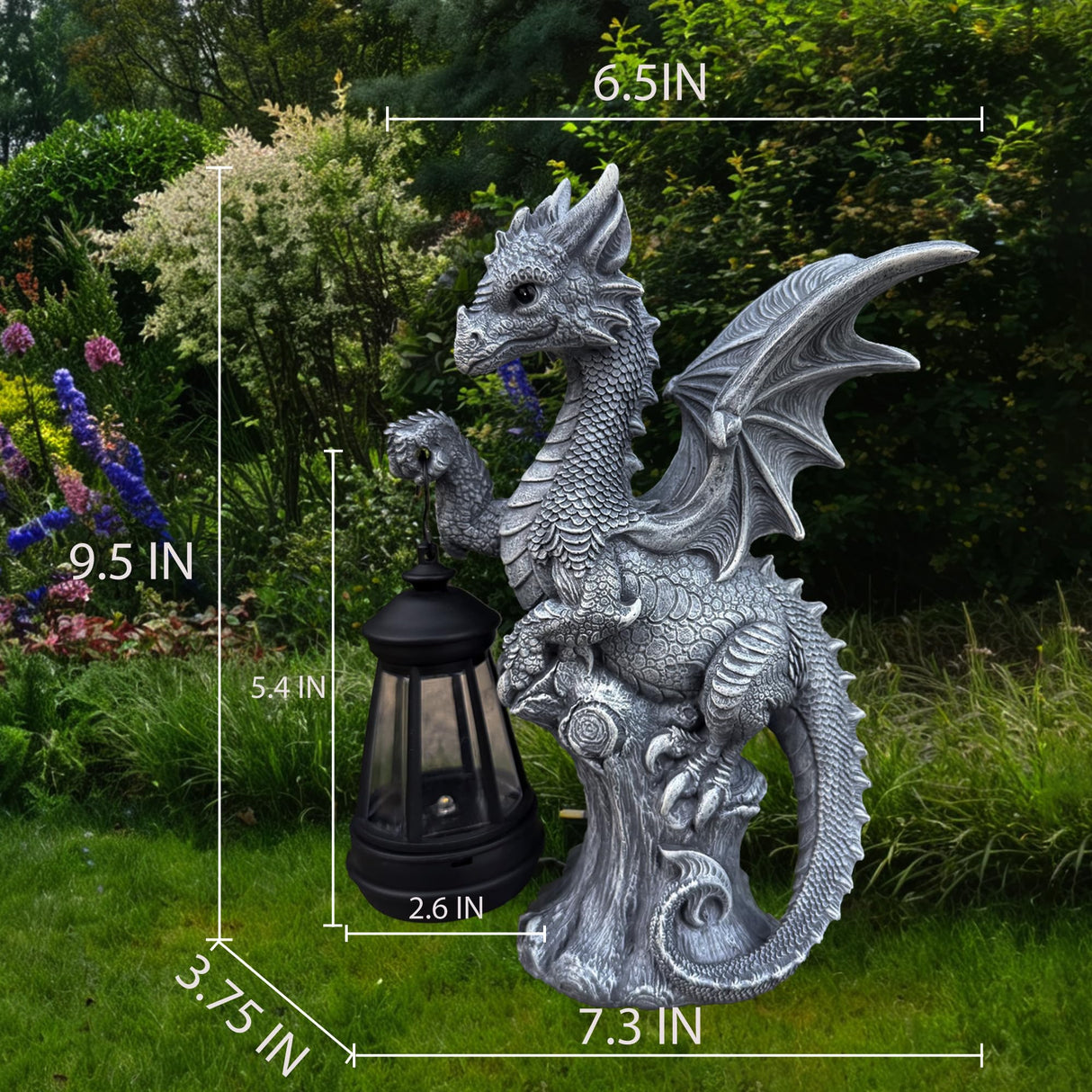 JORAE Dragon Statue with Solar Lantern Outdoor Figurine Home Decor 9.5" H