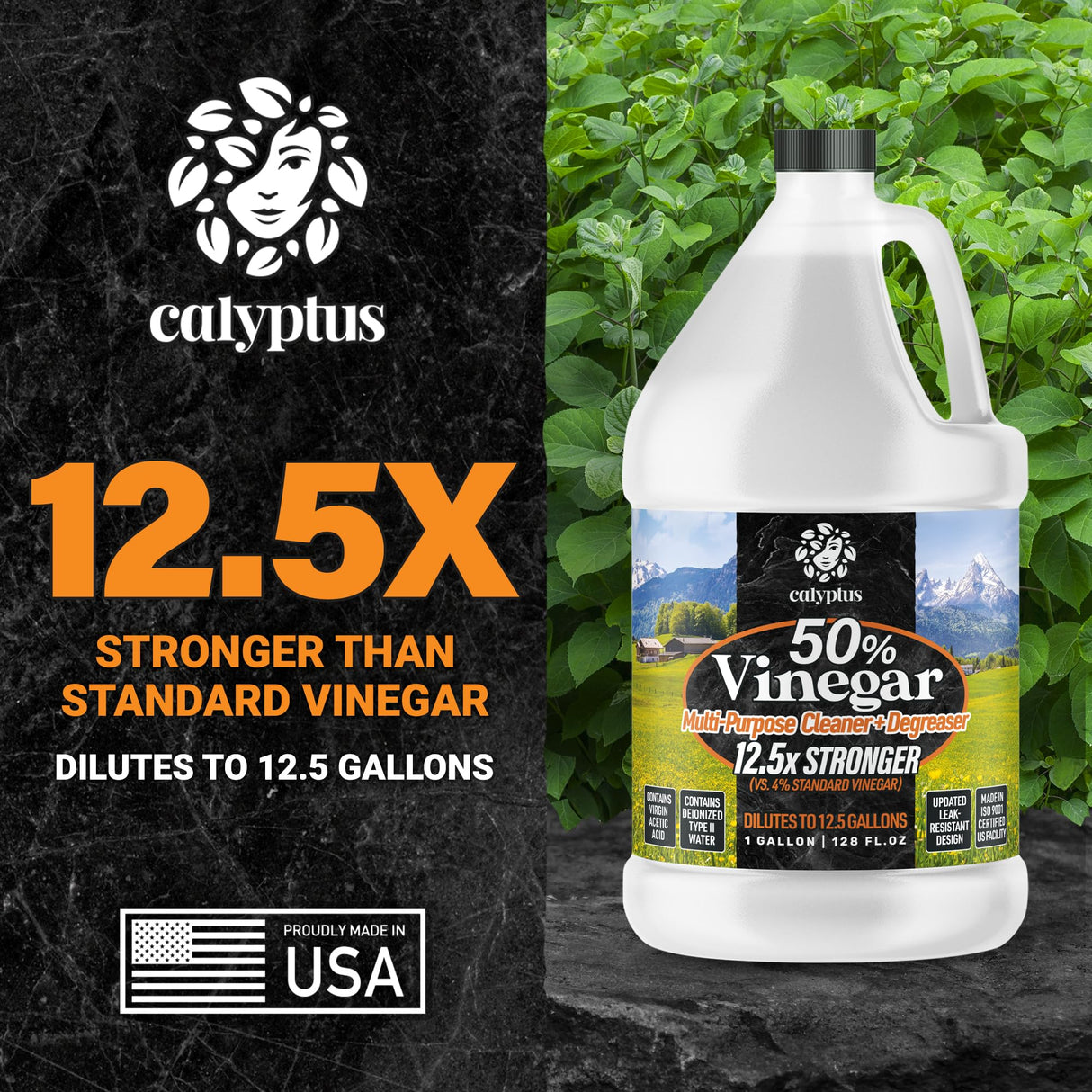 Calyptus 50% Pure Concentrated Vinegar | Maximum-Performance (12.5X) Power | Technical Grade | Dilutes Easily to 5% Acidity (1.5 Cups per Gallon) | Home and Outdoor Cleaning Concentrate | 4 Gallon